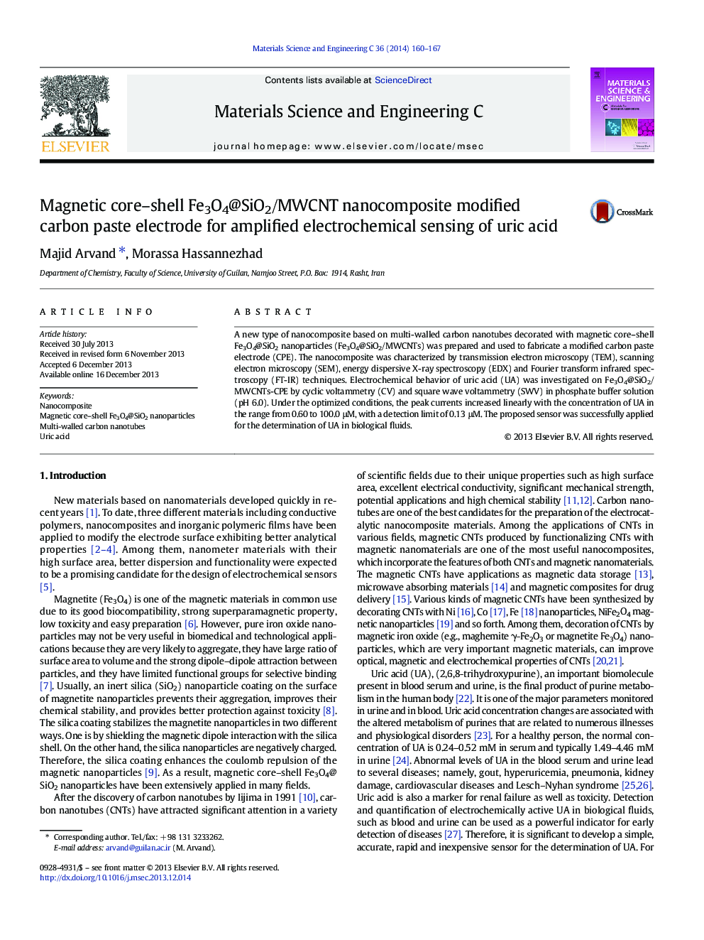 Magnetic core–shell Fe3O4@SiO2/MWCNT nanocomposite modified carbon paste electrode for amplified electrochemical sensing of uric acid