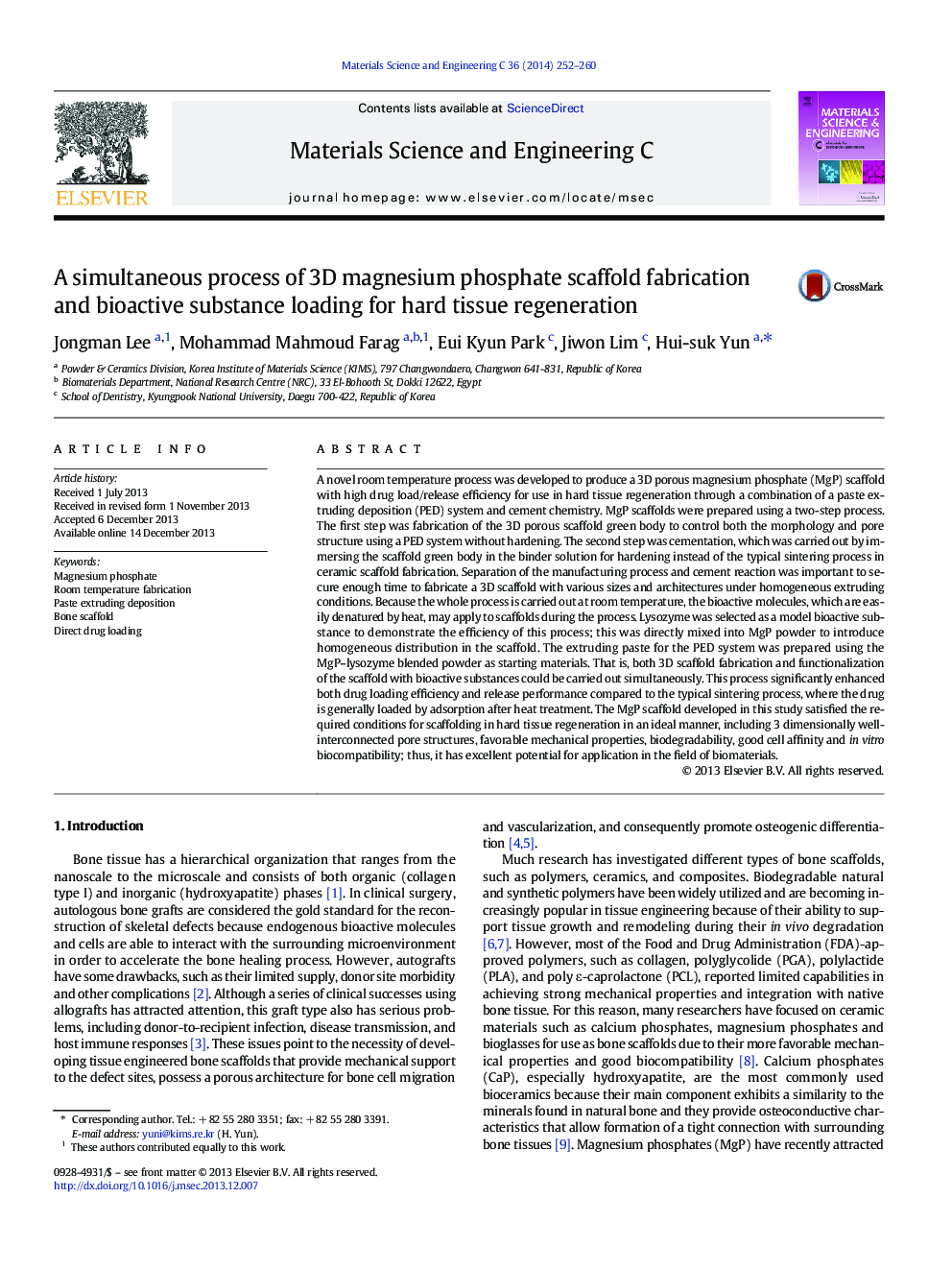 A simultaneous process of 3D magnesium phosphate scaffold fabrication and bioactive substance loading for hard tissue regeneration