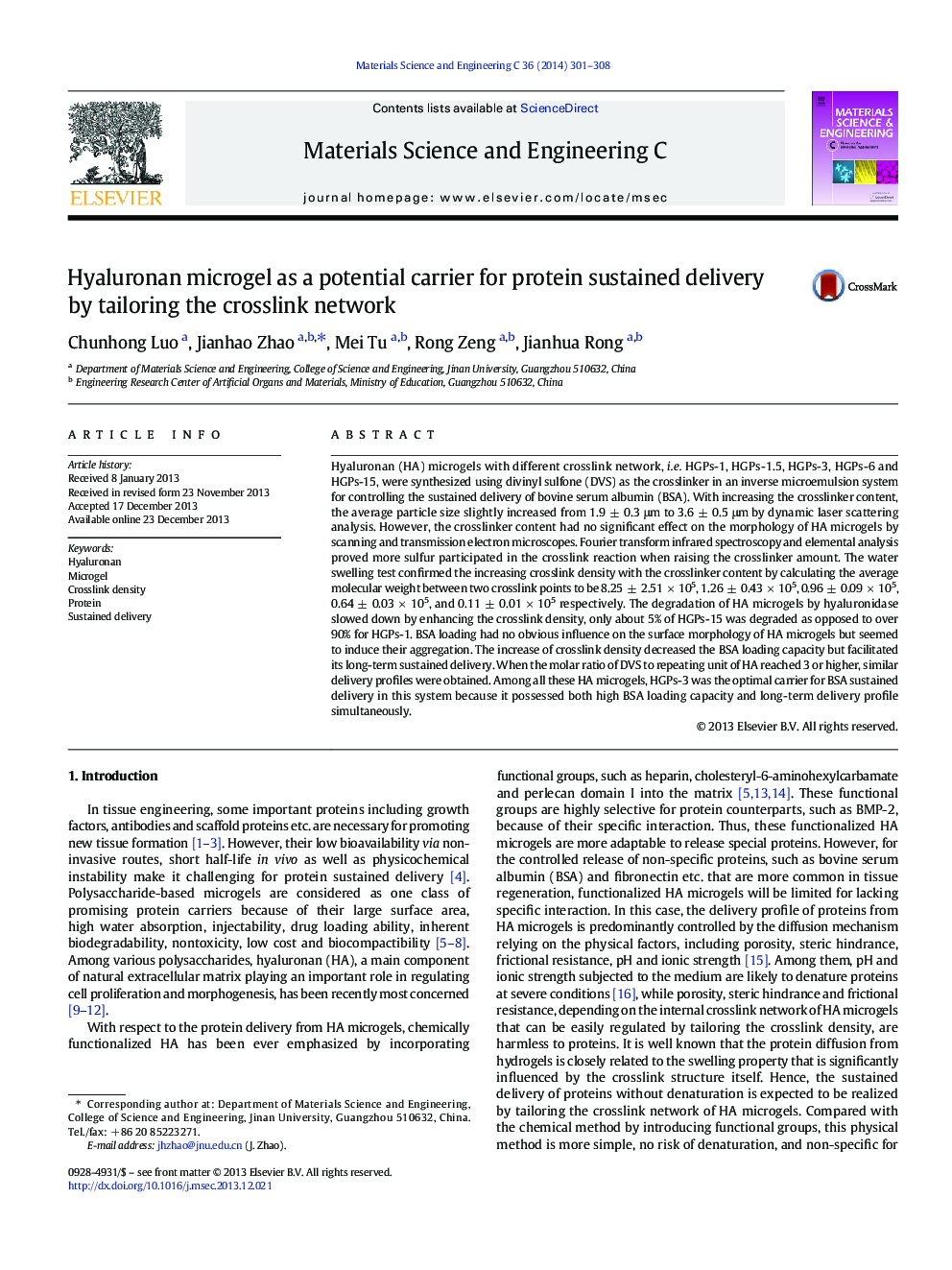 Hyaluronan microgel as a potential carrier for protein sustained delivery by tailoring the crosslink network