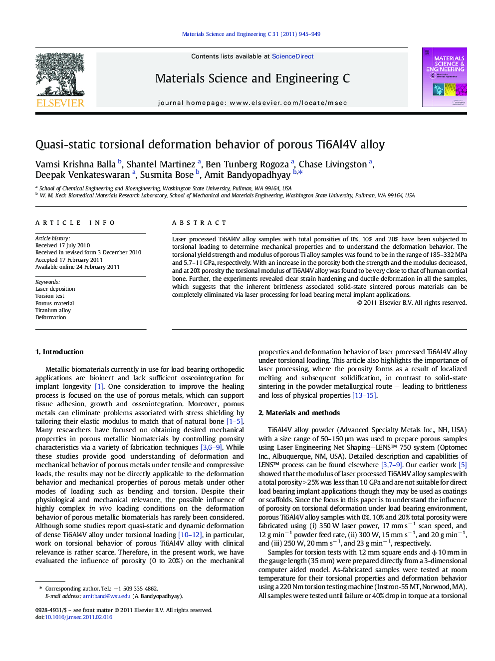 Quasi-static torsional deformation behavior of porous Ti6Al4V alloy