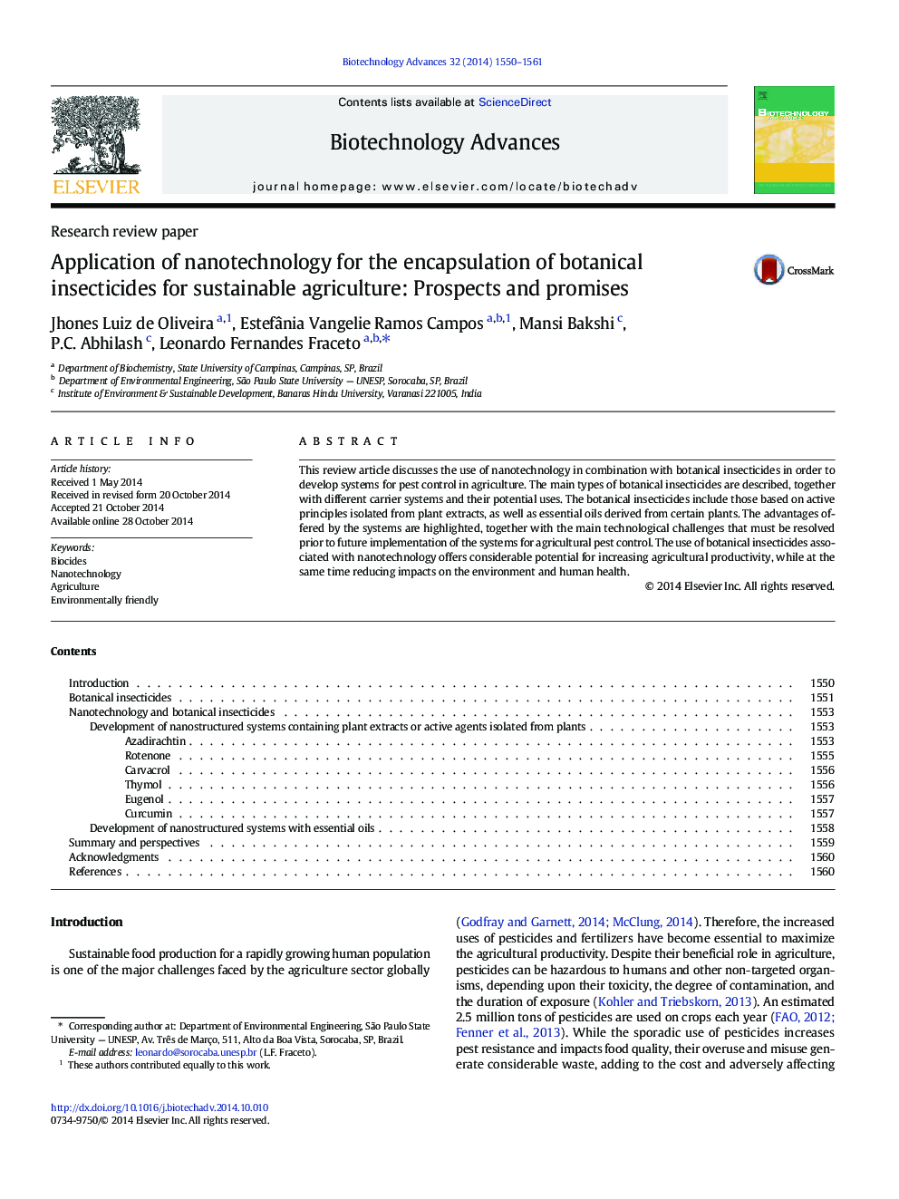 Application of nanotechnology for the encapsulation of botanical insecticides for sustainable agriculture: Prospects and promises