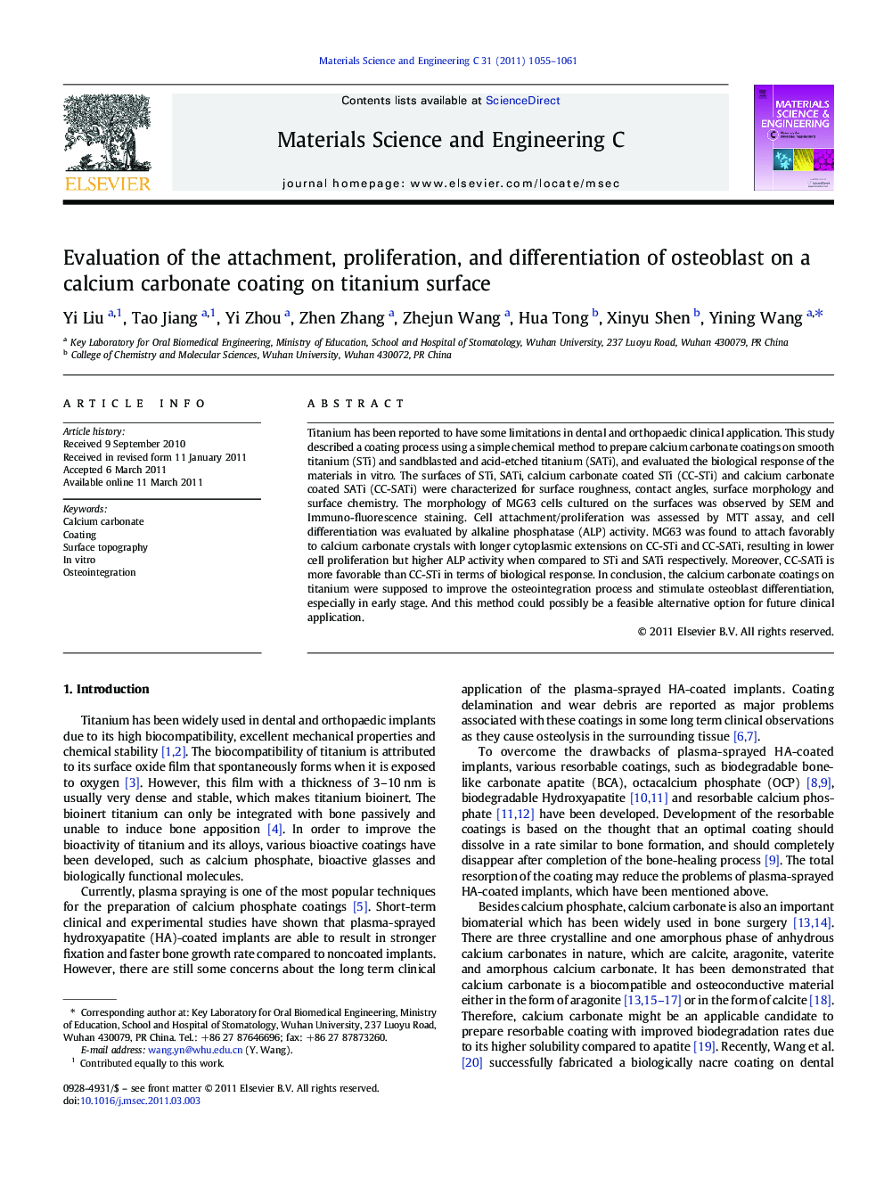 Evaluation of the attachment, proliferation, and differentiation of osteoblast on a calcium carbonate coating on titanium surface