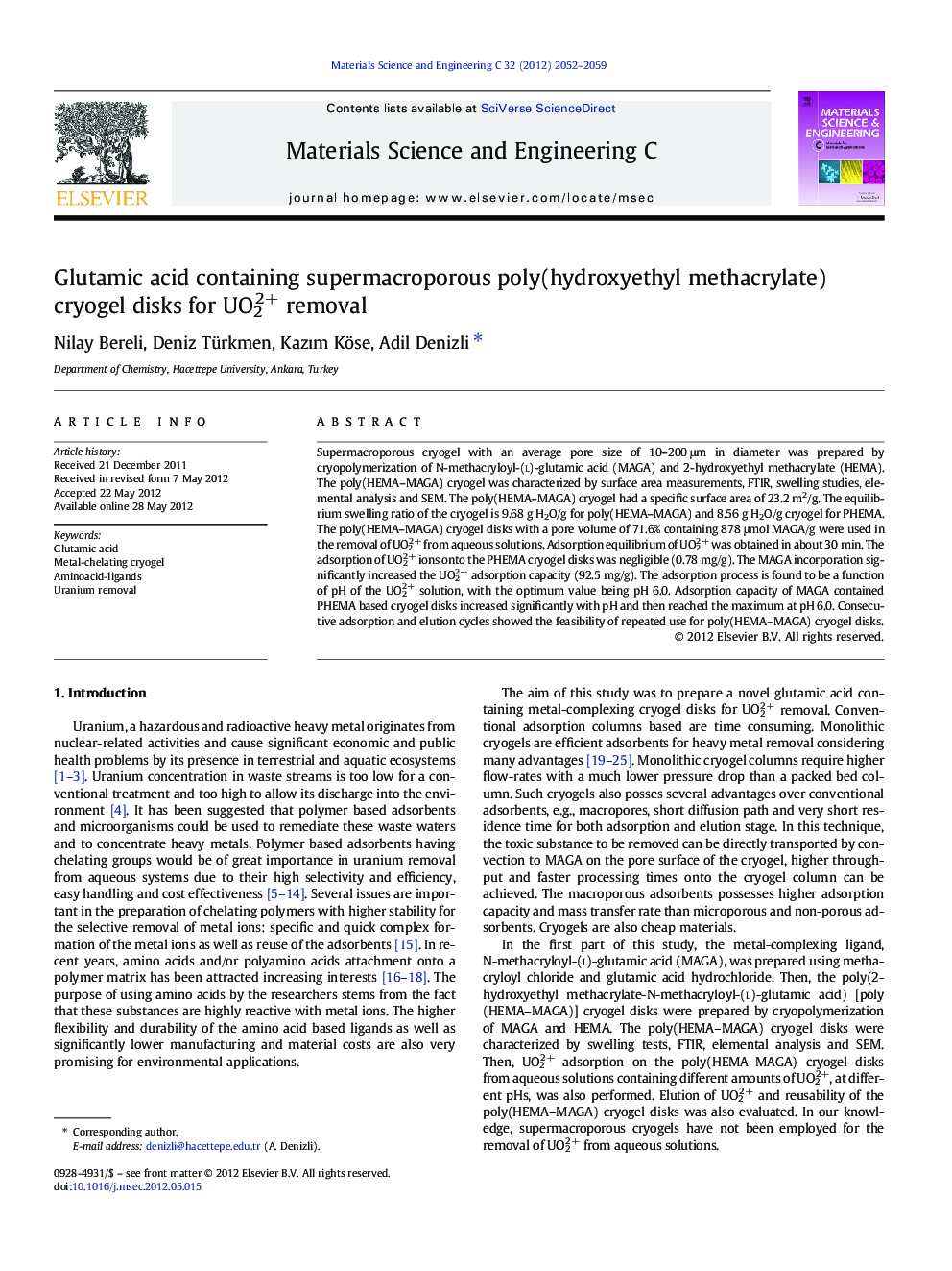 Glutamic acid containing supermacroporous poly(hydroxyethyl methacrylate) cryogel disks for UO22+ removal