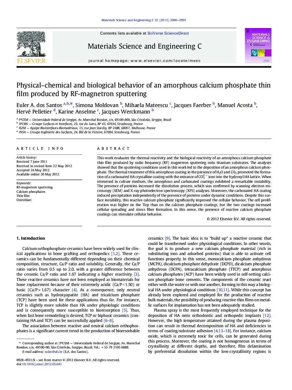 Physical–chemical and biological behavior of an amorphous calcium phosphate thin film produced by RF-magnetron sputtering