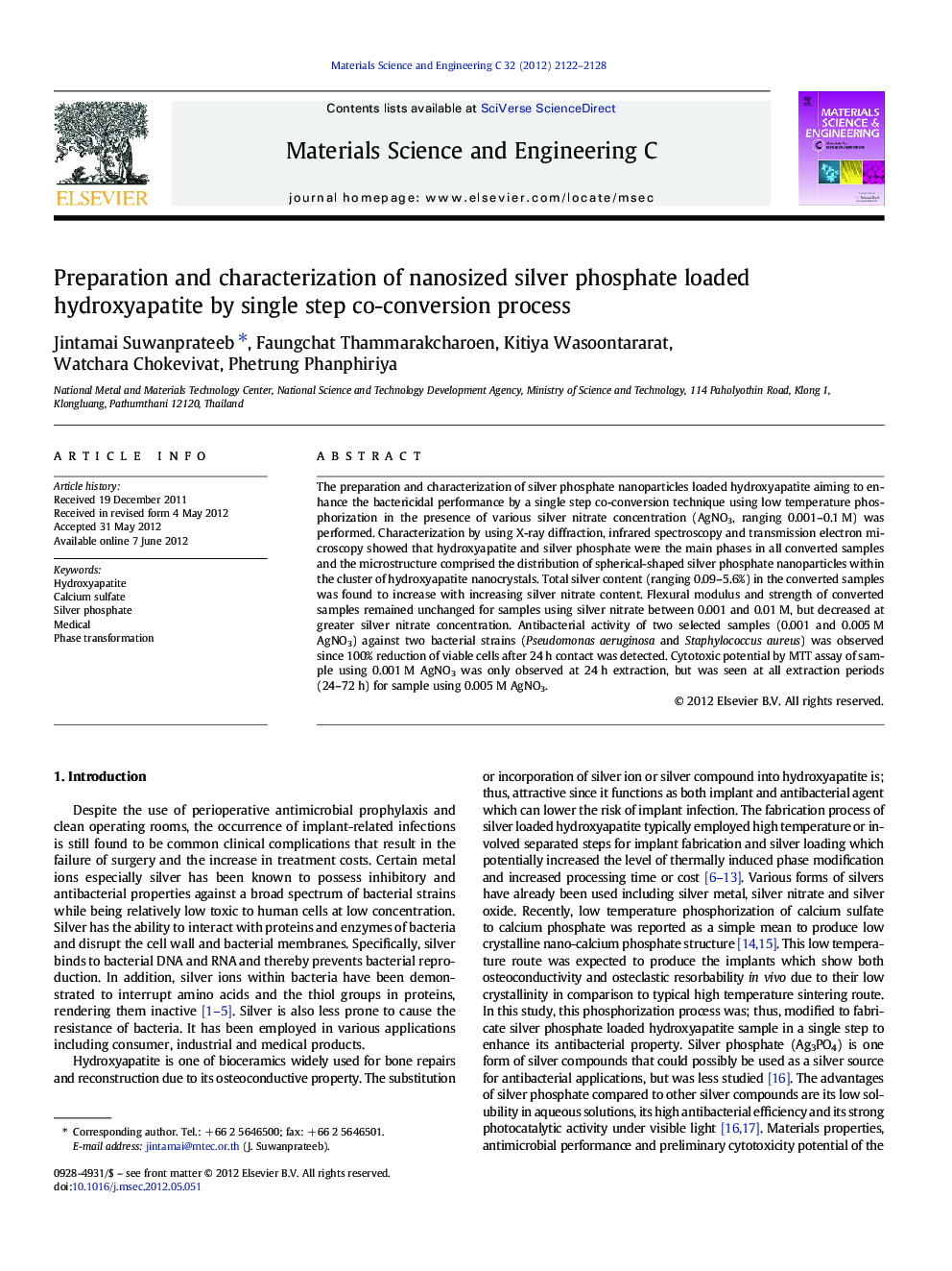 Preparation and characterization of nanosized silver phosphate loaded hydroxyapatite by single step co-conversion process