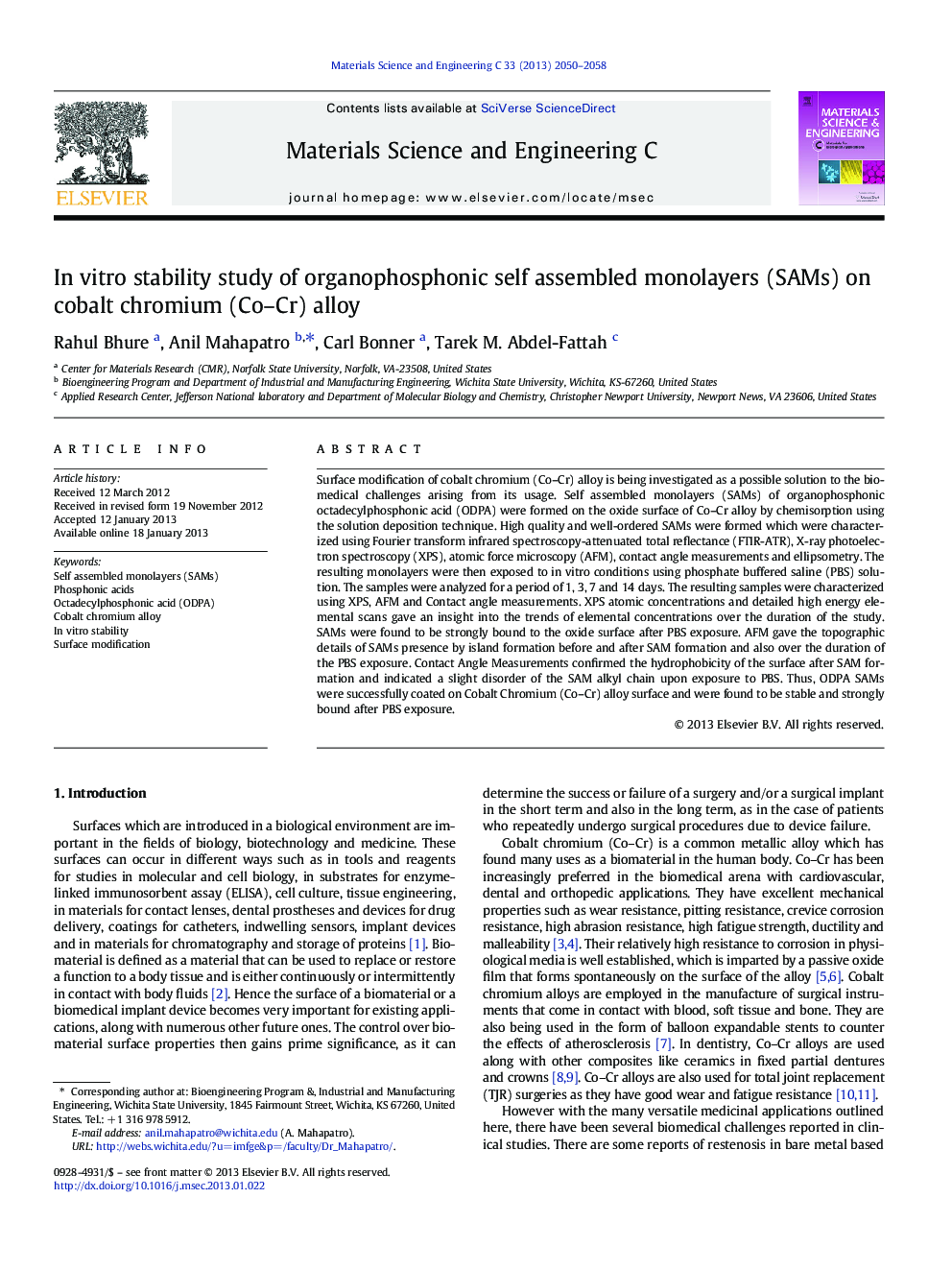 In vitro stability study of organophosphonic self assembled monolayers (SAMs) on cobalt chromium (Co–Cr) alloy