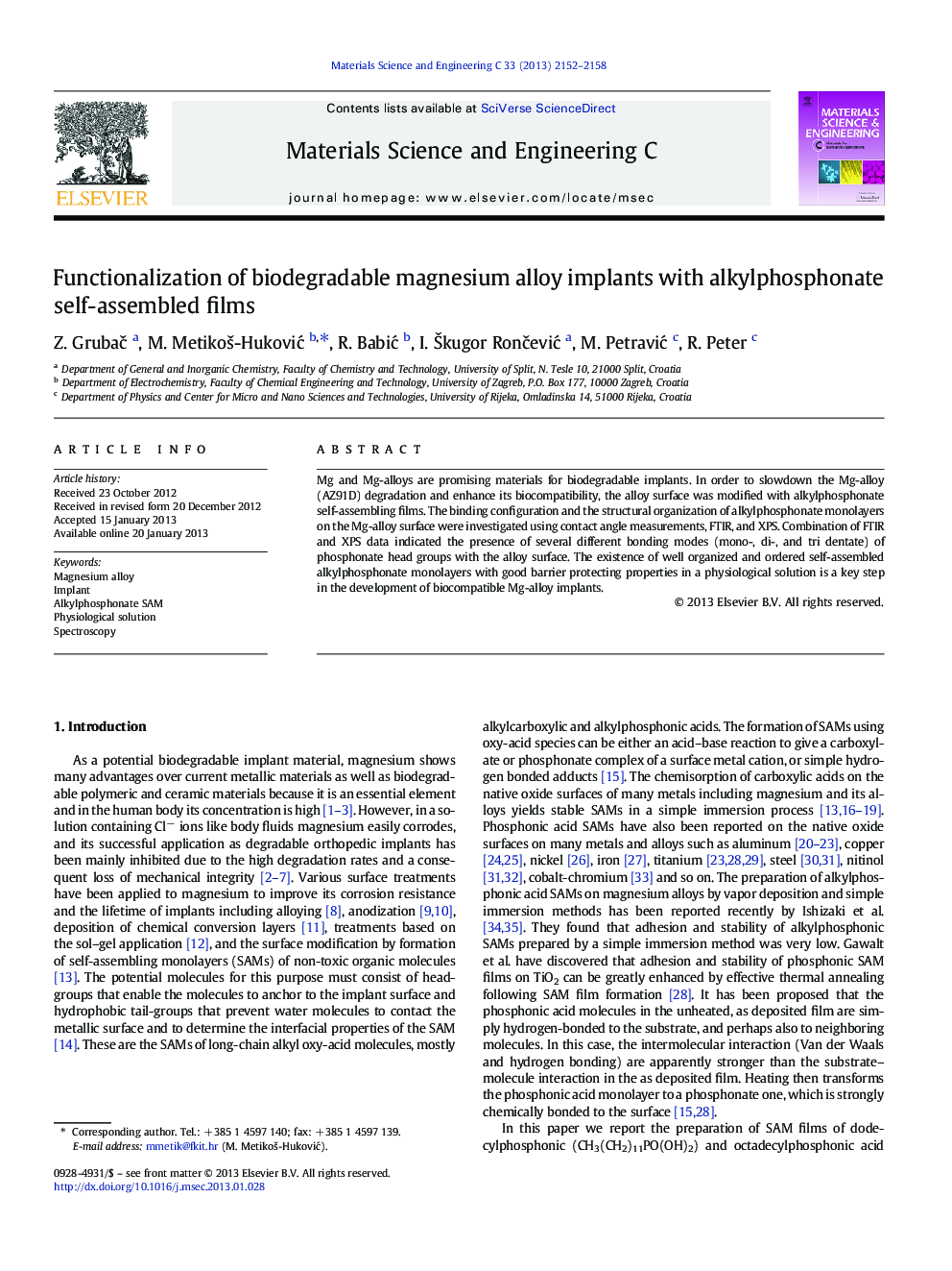 Functionalization of biodegradable magnesium alloy implants with alkylphosphonate self-assembled films