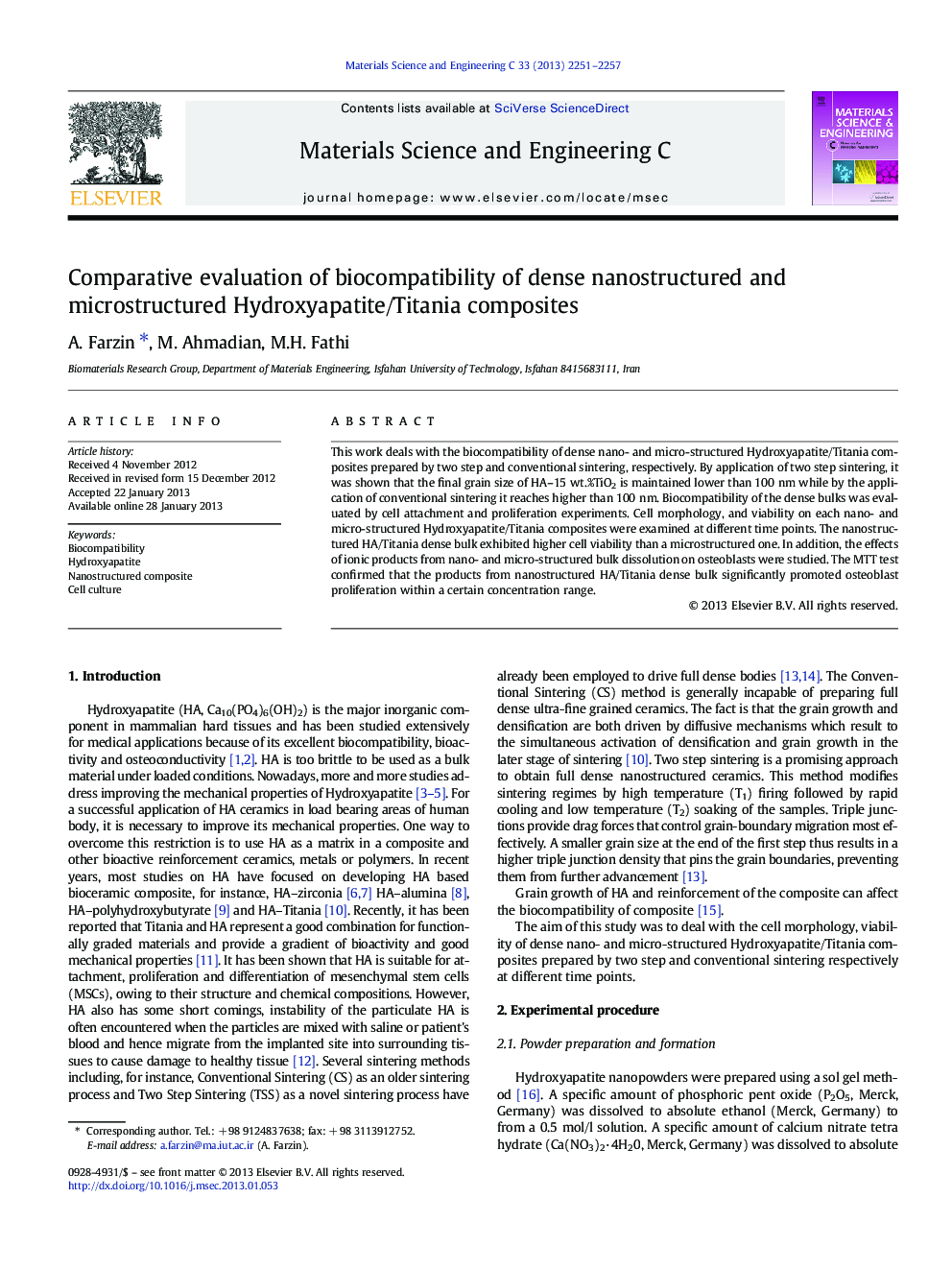 Comparative evaluation of biocompatibility of dense nanostructured and microstructured Hydroxyapatite/Titania composites