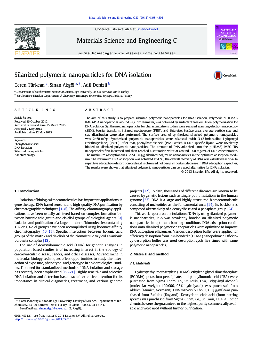 Silanized polymeric nanoparticles for DNA isolation