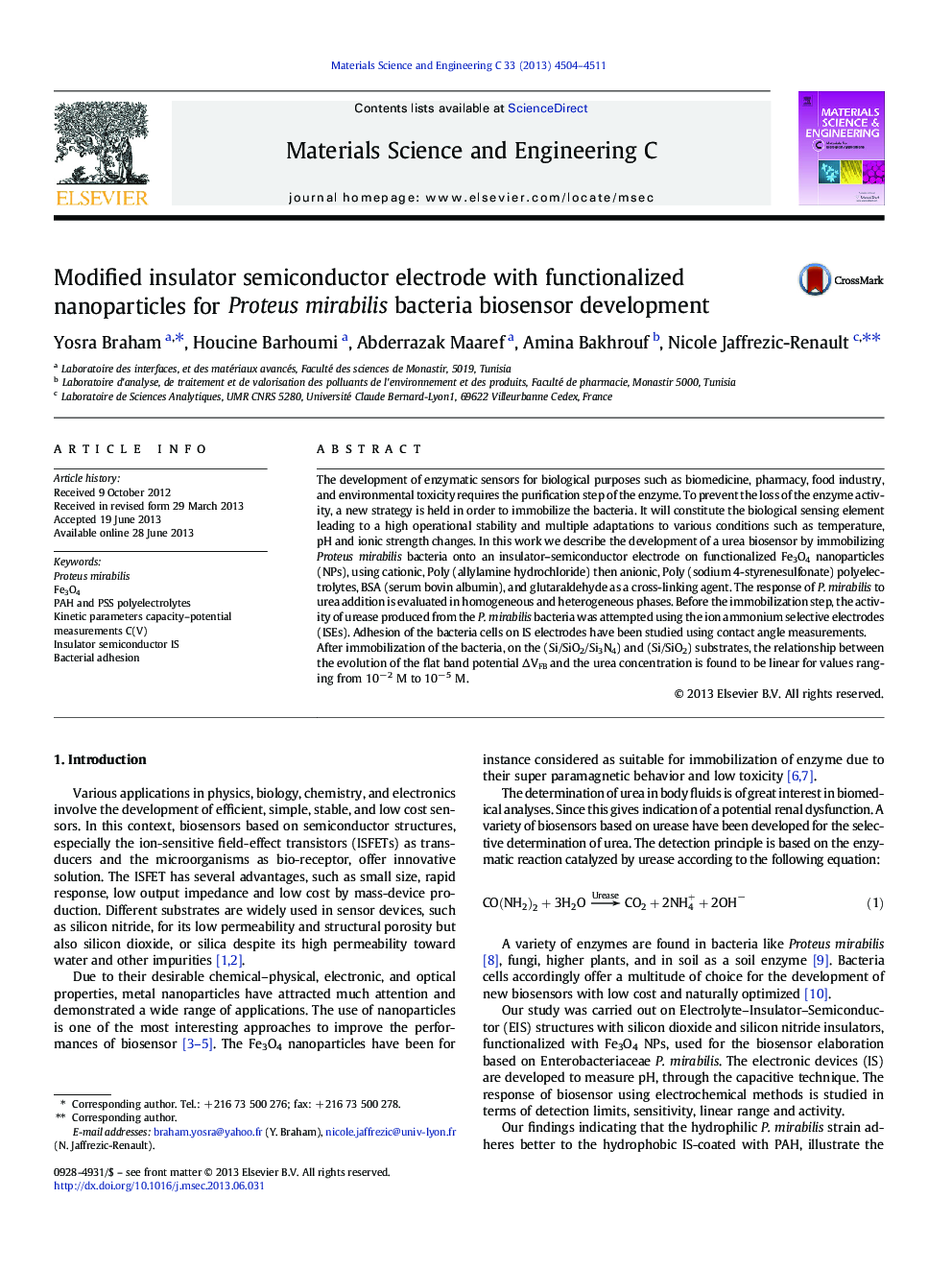 Modified insulator semiconductor electrode with functionalized nanoparticles for Proteus mirabilis bacteria biosensor development