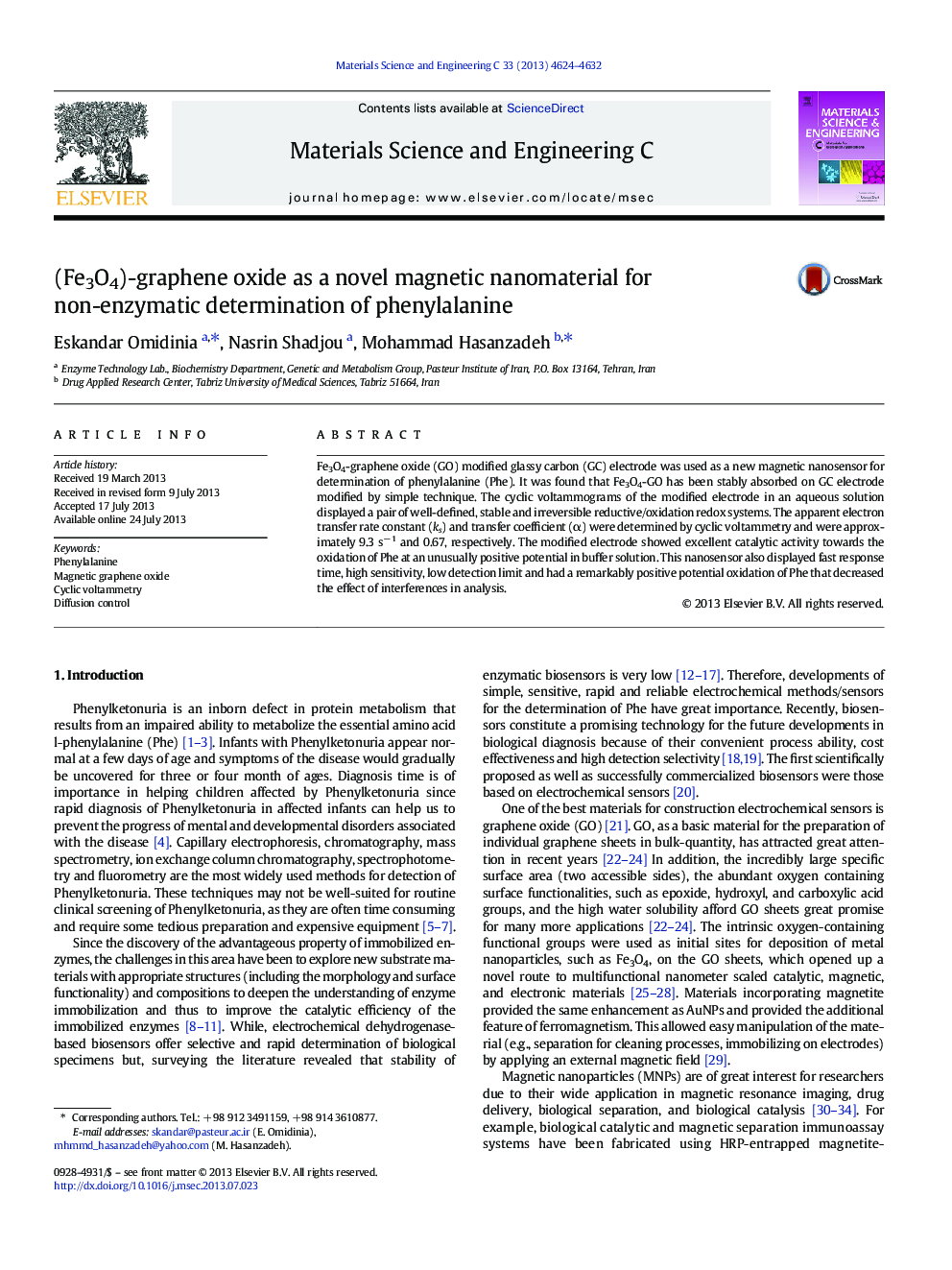 (Fe3O4)-graphene oxide as a novel magnetic nanomaterial for non-enzymatic determination of phenylalanine