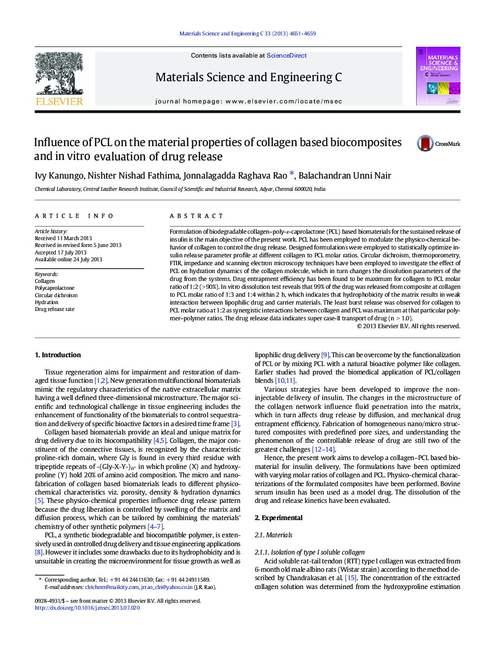 عکس صفحه اول مقاله: Influence of PCL on the material properties of collagen based biocomposites and in vitro evaluation of drug release Influence of PCL on the material properties of collagen based biocomposites and in vitro evaluation of drug release