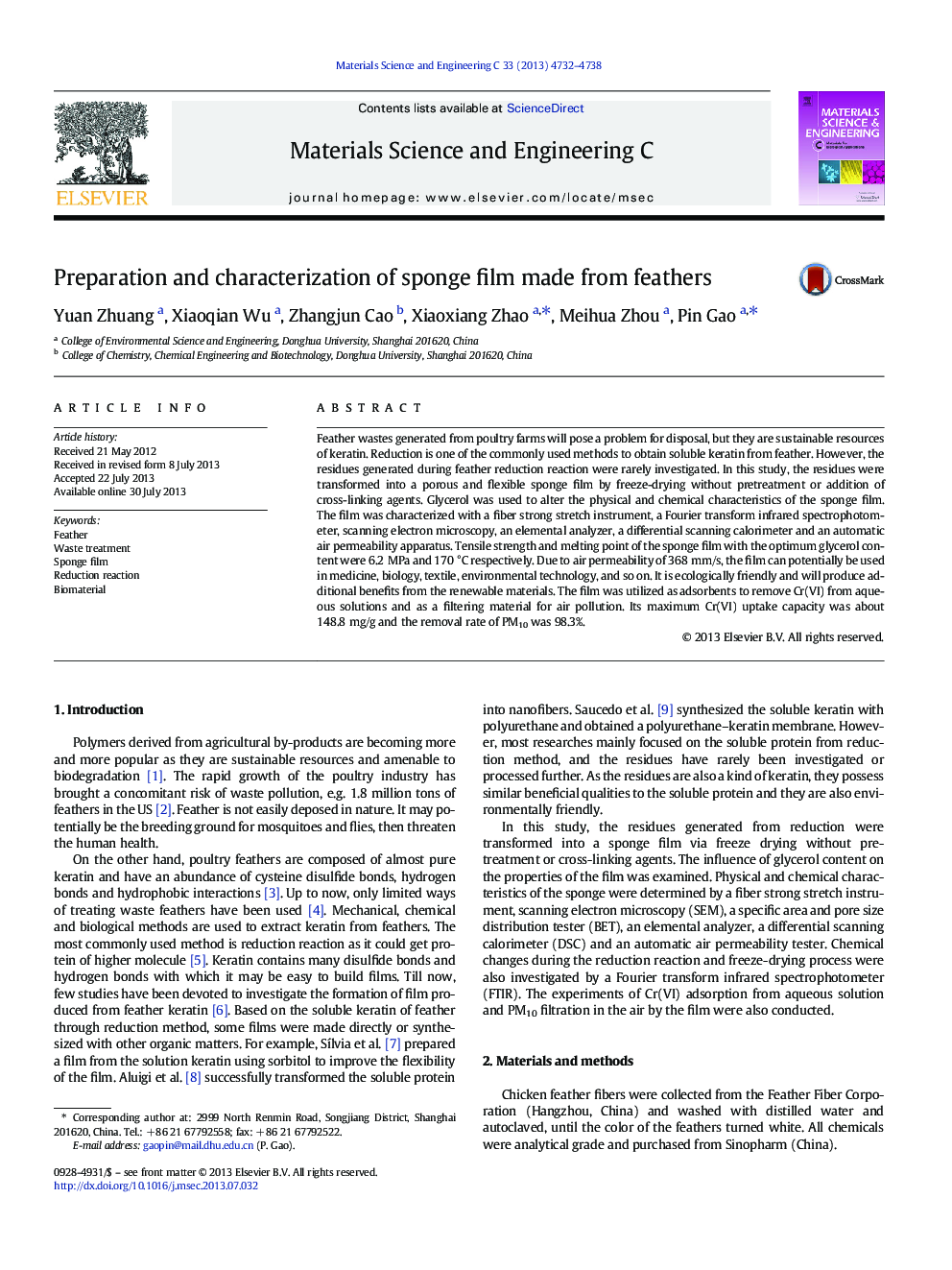 Preparation and characterization of sponge film made from feathers