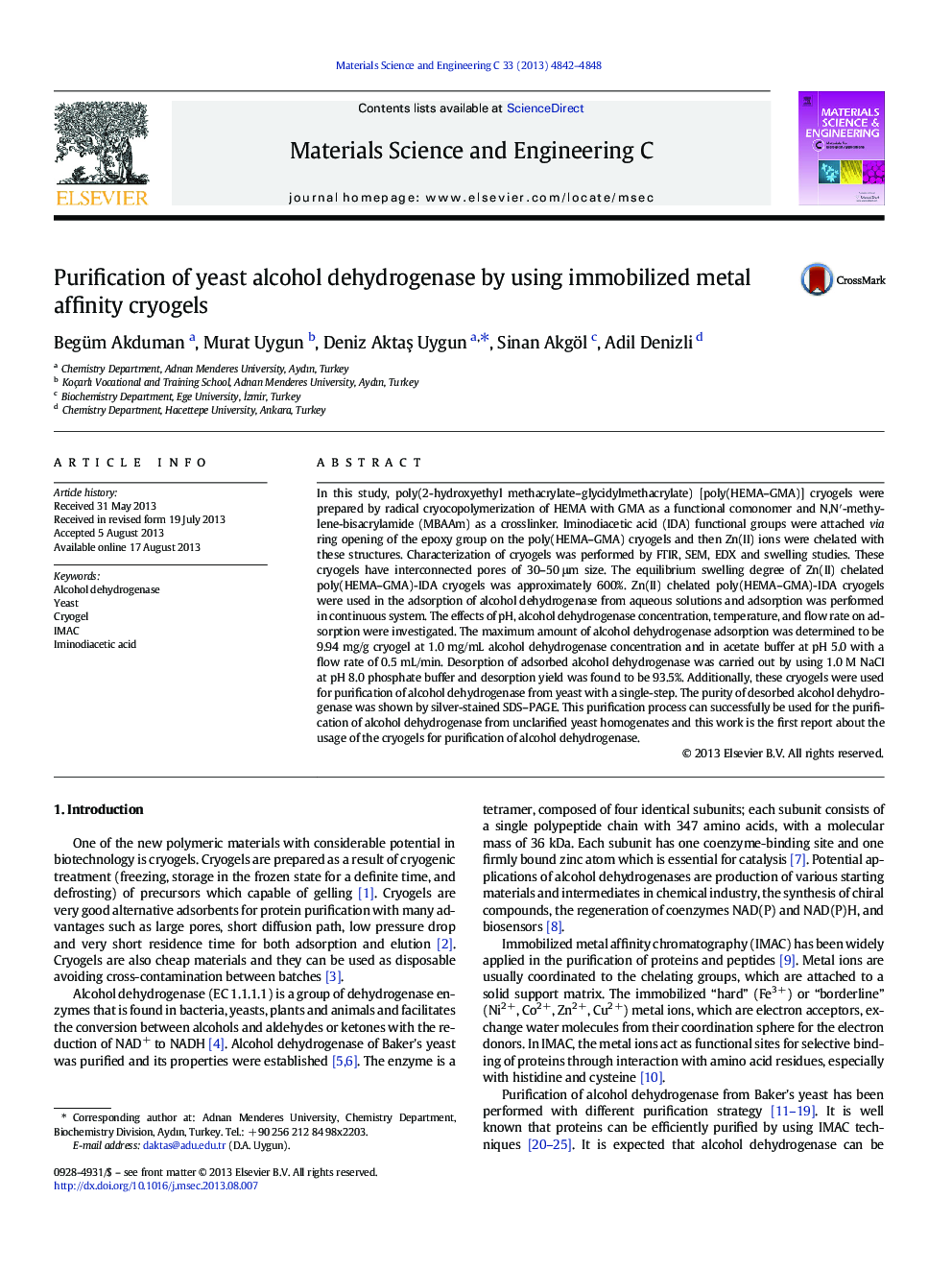 Purification of yeast alcohol dehydrogenase by using immobilized metal affinity cryogels