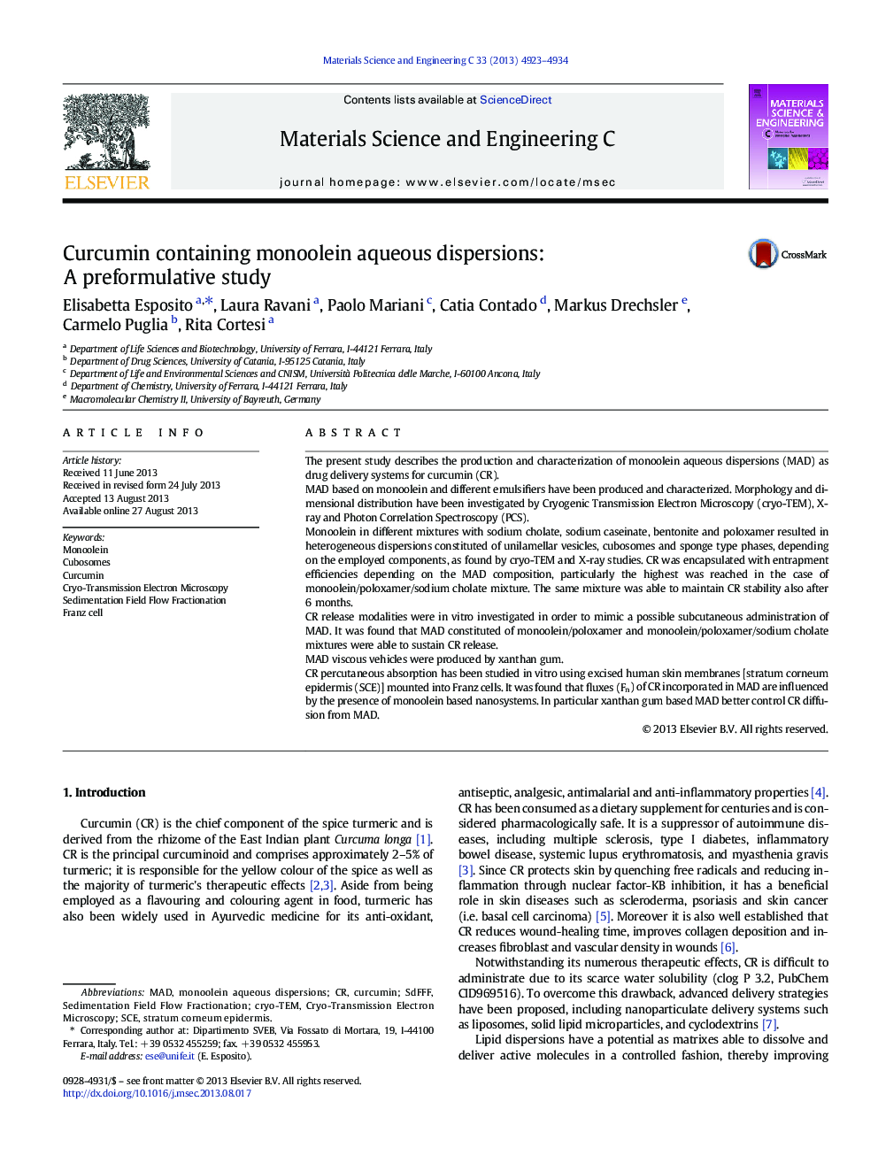 Curcumin containing monoolein aqueous dispersions: A preformulative study