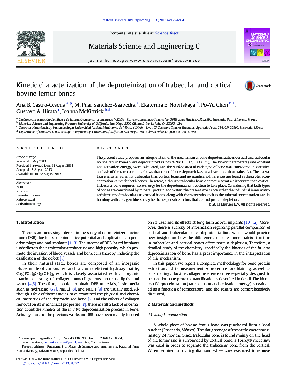 Kinetic characterization of the deproteinization of trabecular and cortical bovine femur bones