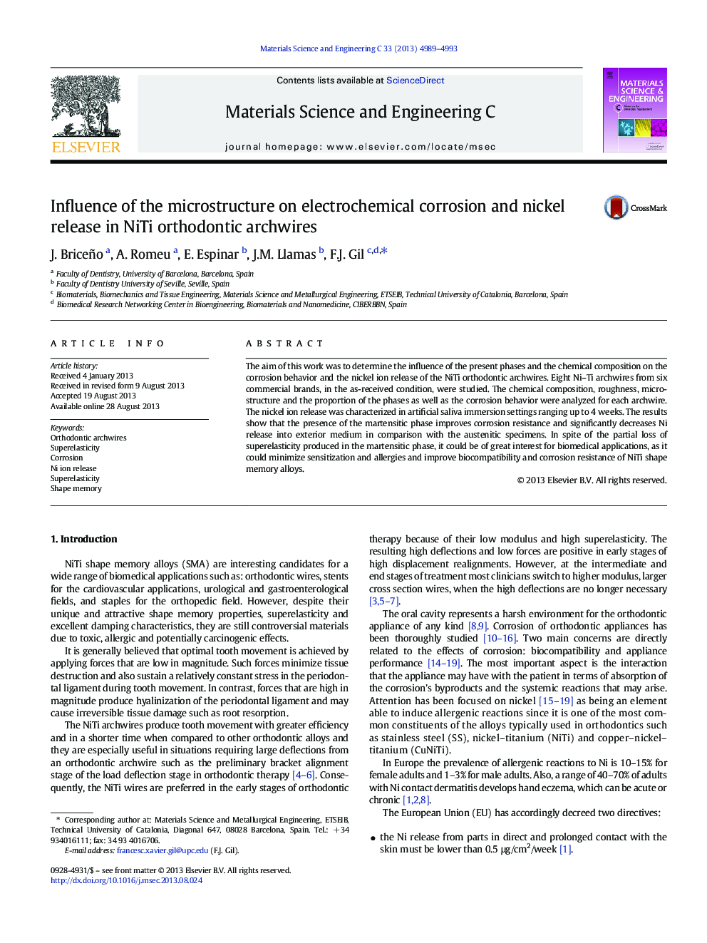 Influence of the microstructure on electrochemical corrosion and nickel release in NiTi orthodontic archwires