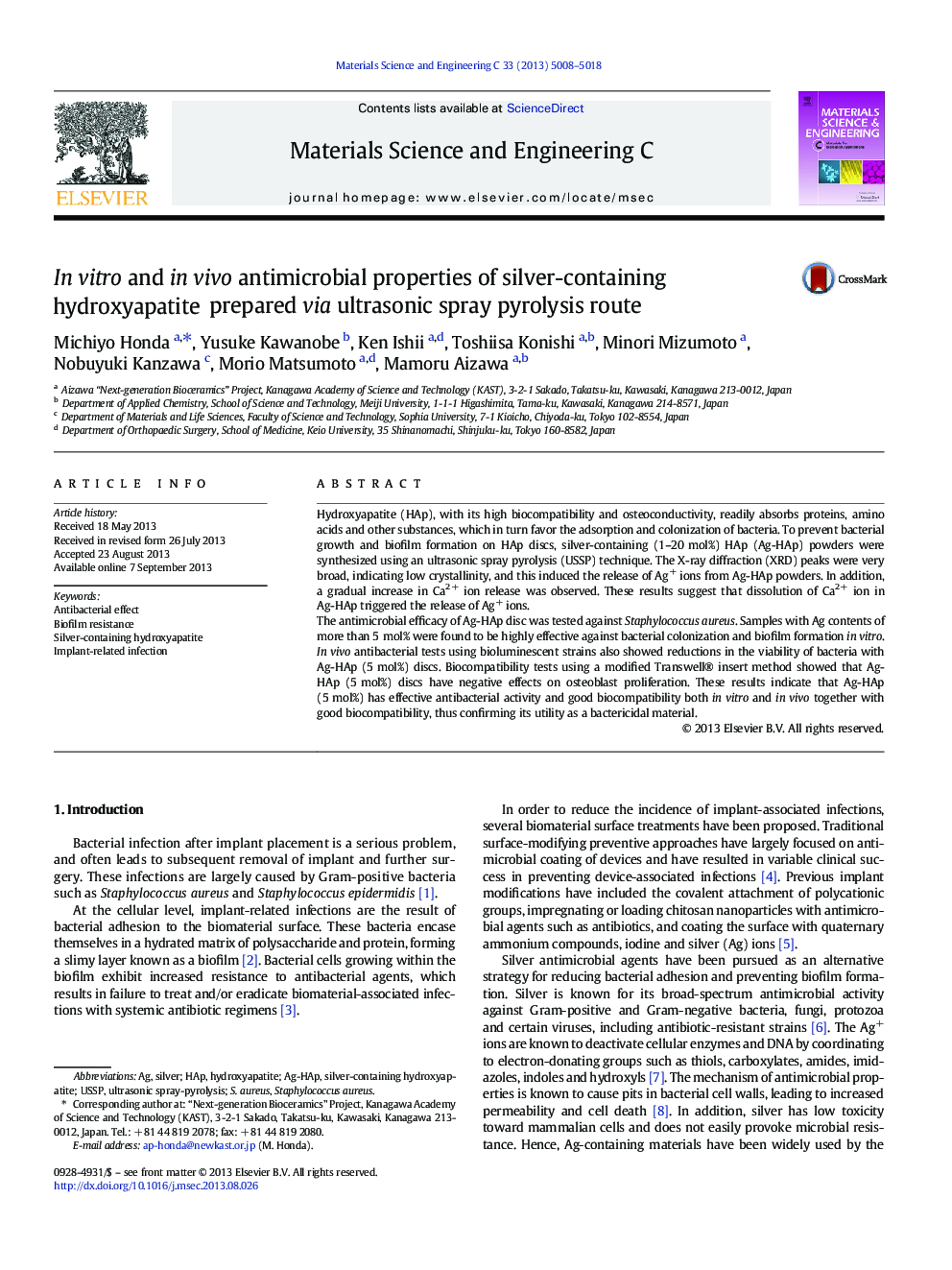 In vitro and in vivo antimicrobial properties of silver-containing hydroxyapatite prepared via ultrasonic spray pyrolysis route