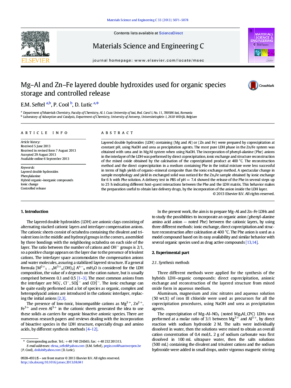 Mg–Al and Zn–Fe layered double hydroxides used for organic species storage and controlled release