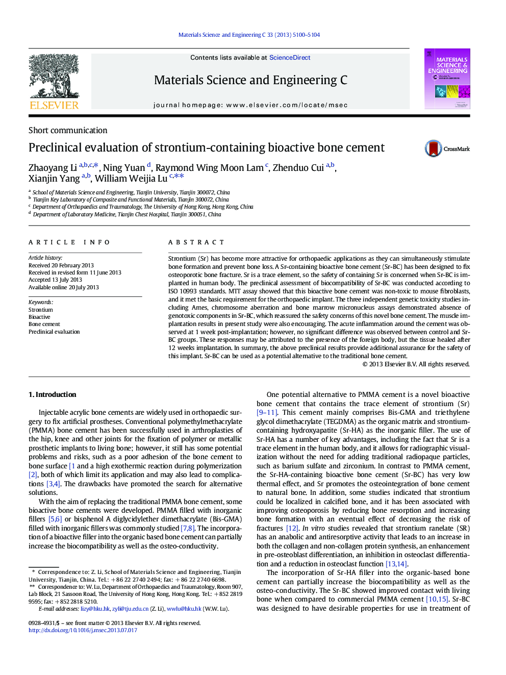 Preclinical evaluation of strontium-containing bioactive bone cement