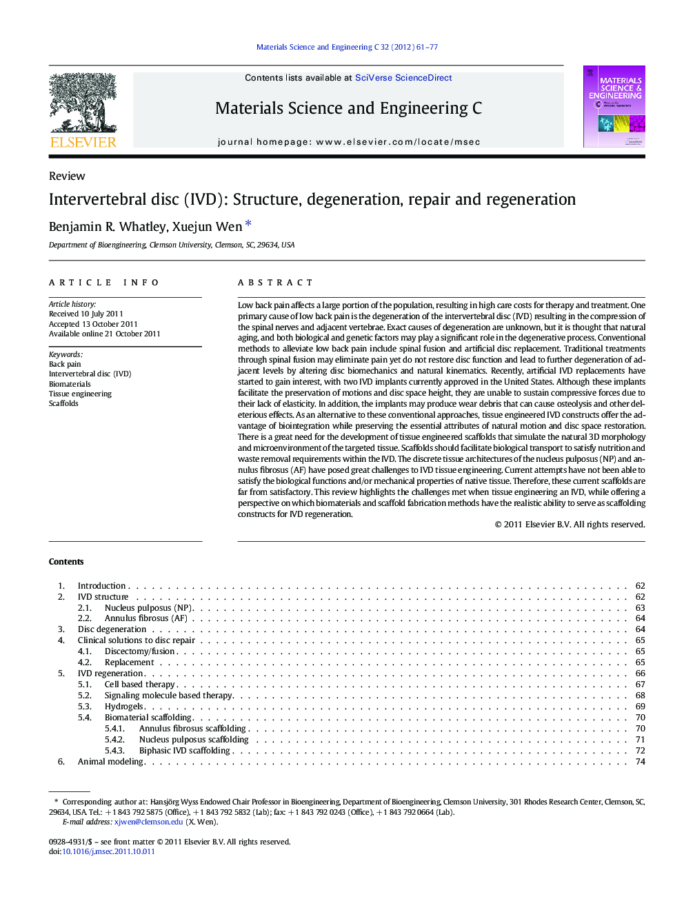 Intervertebral disc (IVD): Structure, degeneration, repair and regeneration