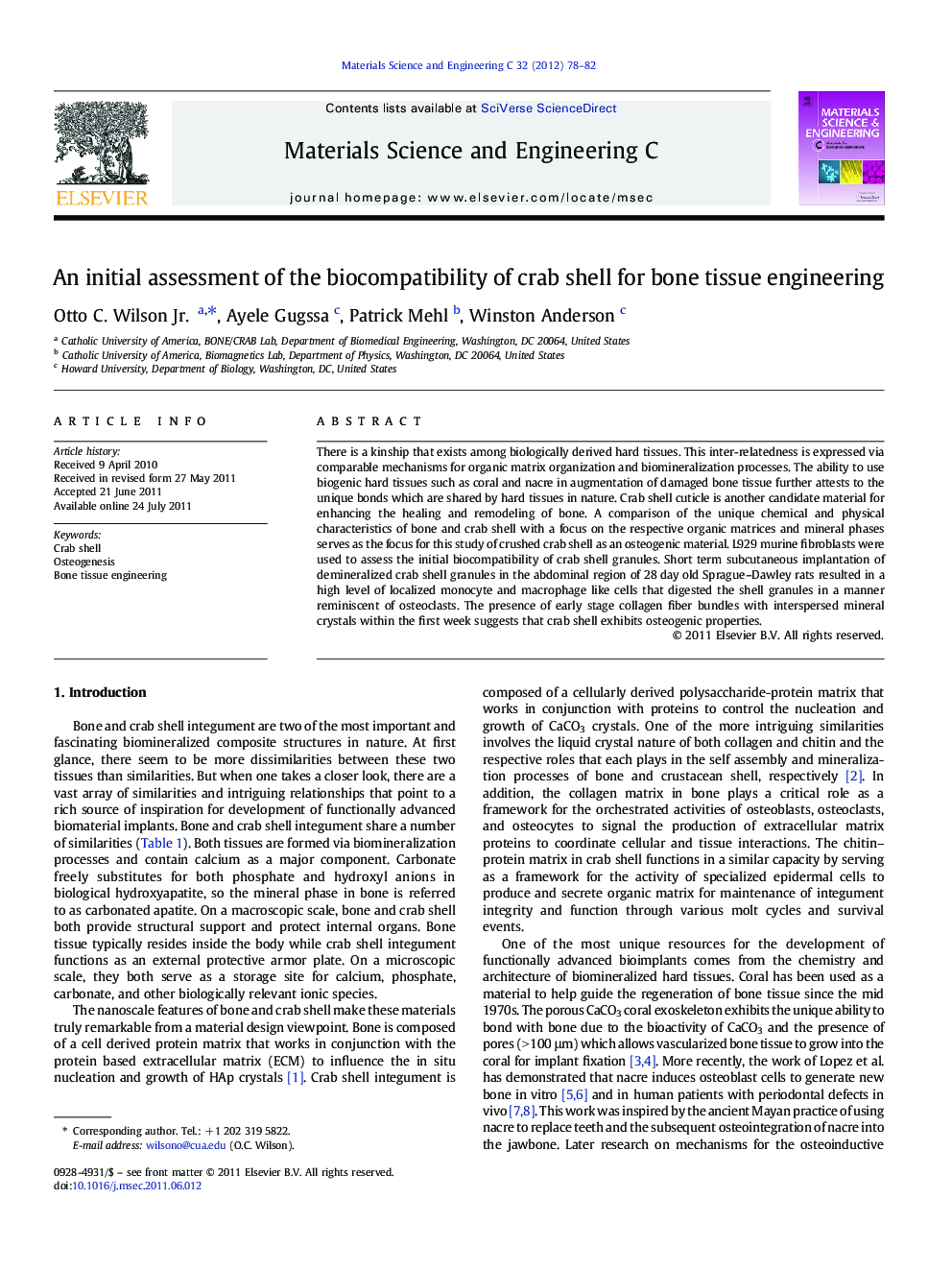 An initial assessment of the biocompatibility of crab shell for bone tissue engineering