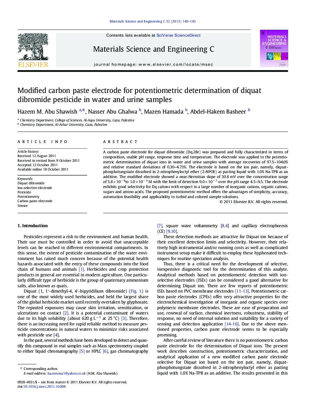 Modified carbon paste electrode for potentiometric determination of diquat dibromide pesticide in water and urine samples