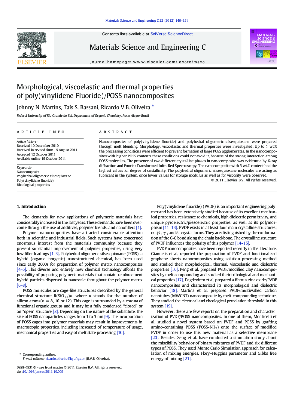 عکس صفحه اول مقاله: Morphological, viscoelastic and thermal properties of poly(vinylidene Fluoride)/POSS nanocomposites Morphological, viscoelastic and thermal properties of poly(vinylidene Fluoride)/POSS nanocomposites