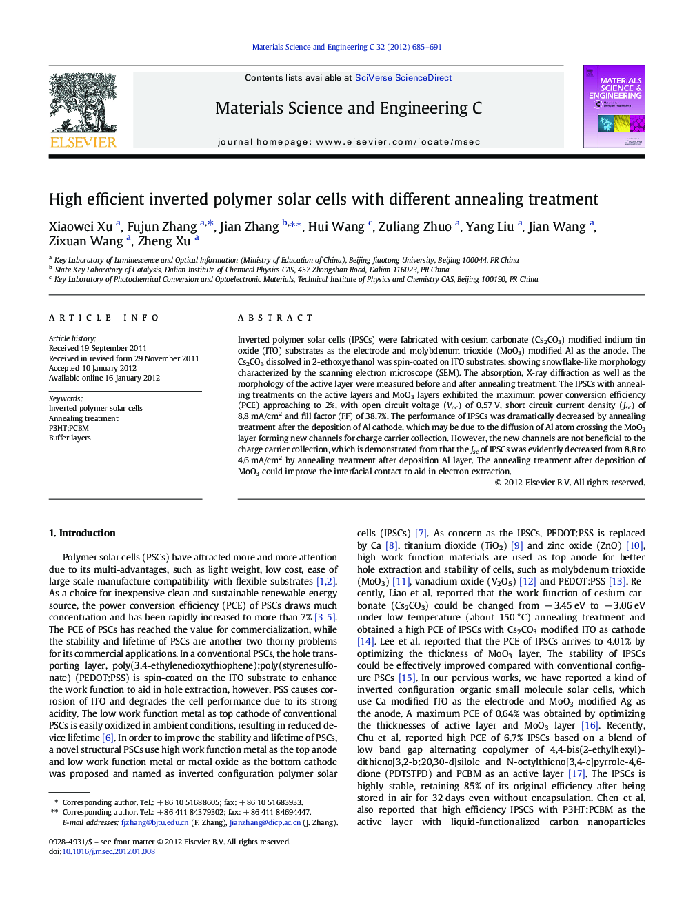 High efficient inverted polymer solar cells with different annealing treatment