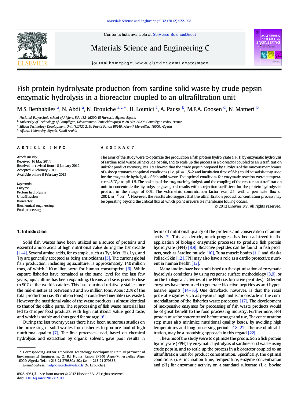 Fish protein hydrolysate production from sardine solid waste by crude pepsin enzymatic hydrolysis in a bioreactor coupled to an ultrafiltration unit