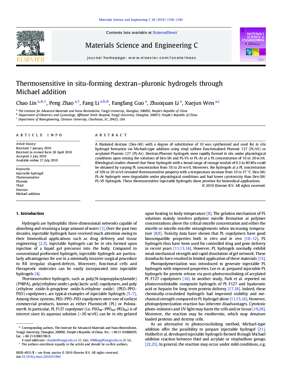 Thermosensitive in situ-forming dextran–pluronic hydrogels through Michael addition