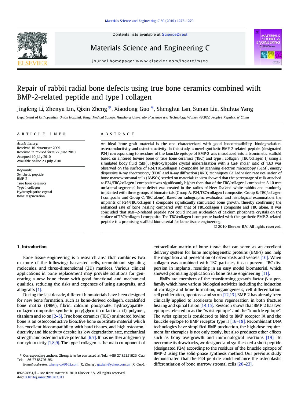 Repair of rabbit radial bone defects using true bone ceramics combined with BMP-2-related peptide and type I collagen