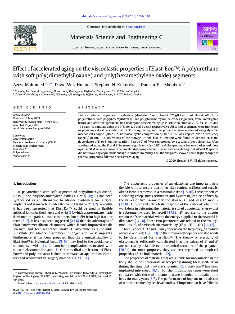 Effect of accelerated aging on the viscoelastic properties of Elast-Eon™: A polyurethane with soft poly(dimethylsiloxane) and poly(hexamethylene oxide) segments