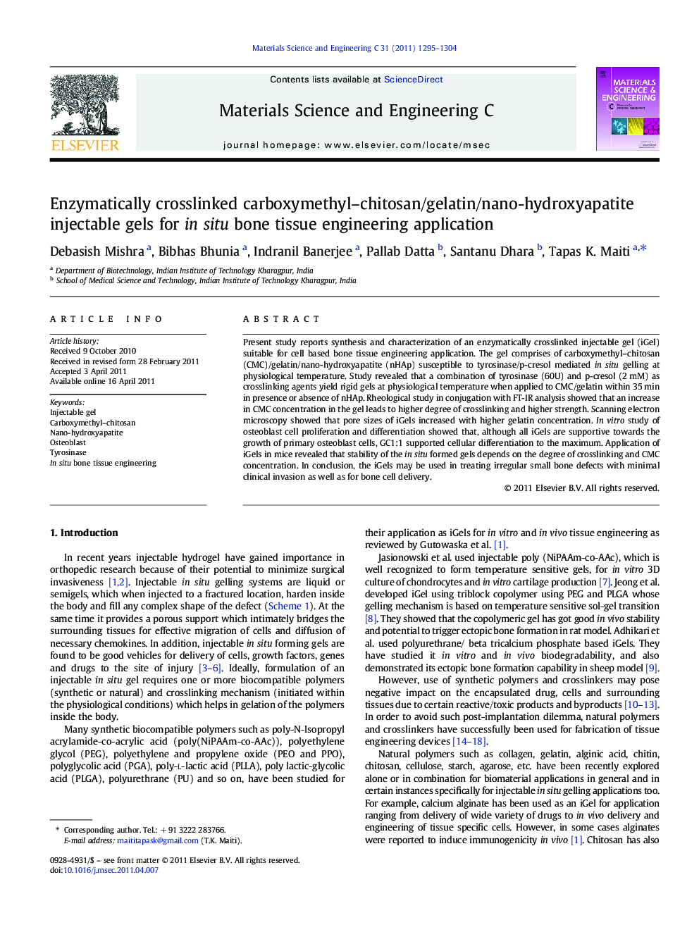 Enzymatically crosslinked carboxymethyl–chitosan/gelatin/nano-hydroxyapatite injectable gels for in situ bone tissue engineering application