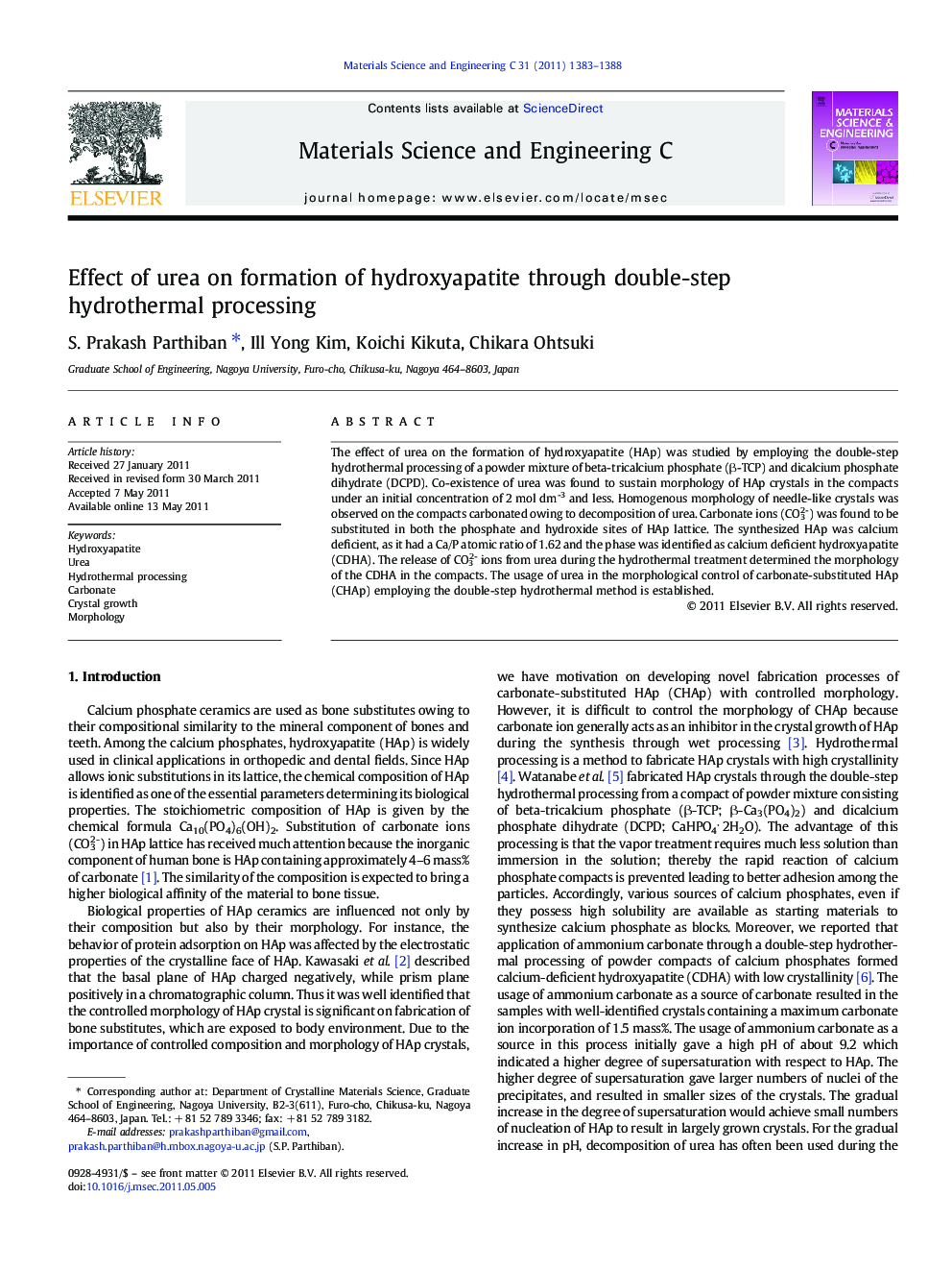 Effect of urea on formation of hydroxyapatite through double-step hydrothermal processing