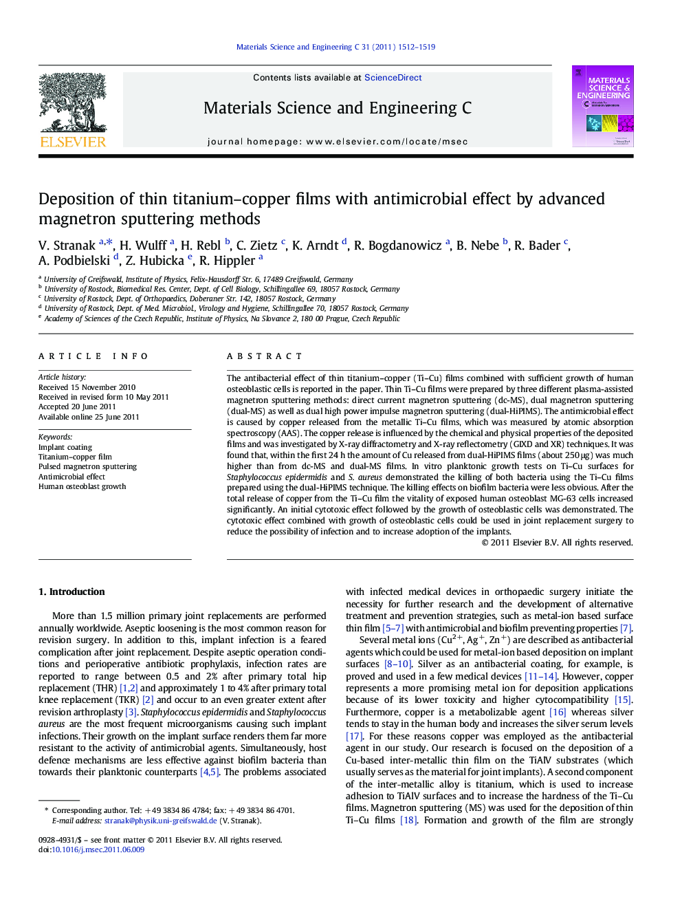 Deposition of thin titanium–copper films with antimicrobial effect by advanced magnetron sputtering methods