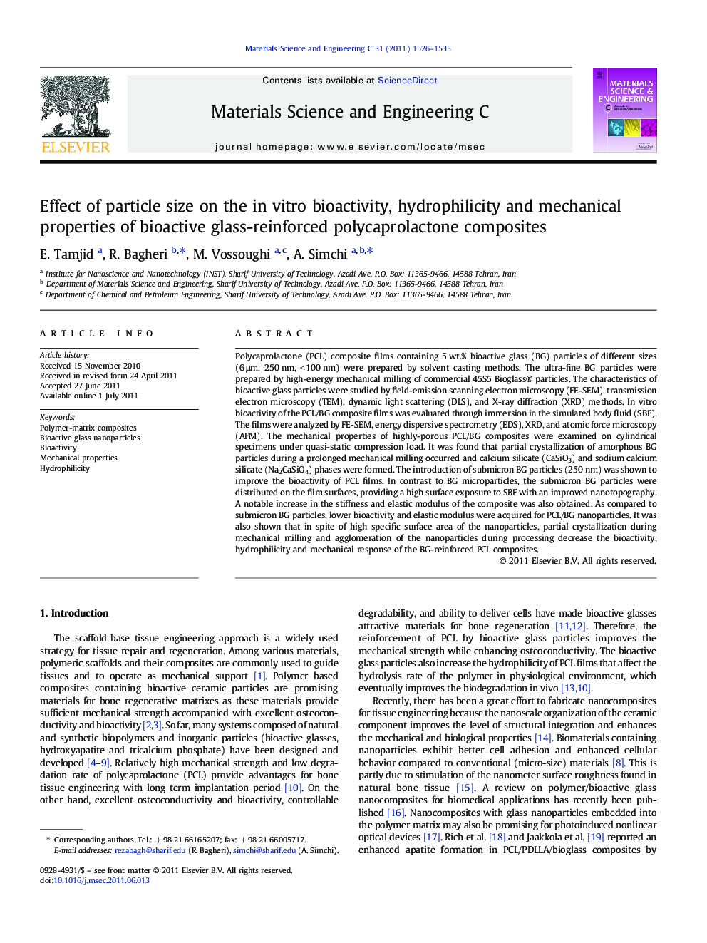 Effect of particle size on the in vitro bioactivity, hydrophilicity and mechanical properties of bioactive glass-reinforced polycaprolactone composites