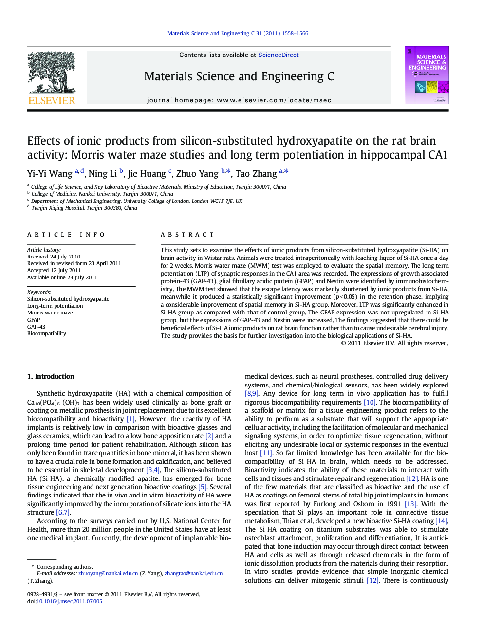 Effects of ionic products from silicon-substituted hydroxyapatite on the rat brain activity: Morris water maze studies and long term potentiation in hippocampal CA1