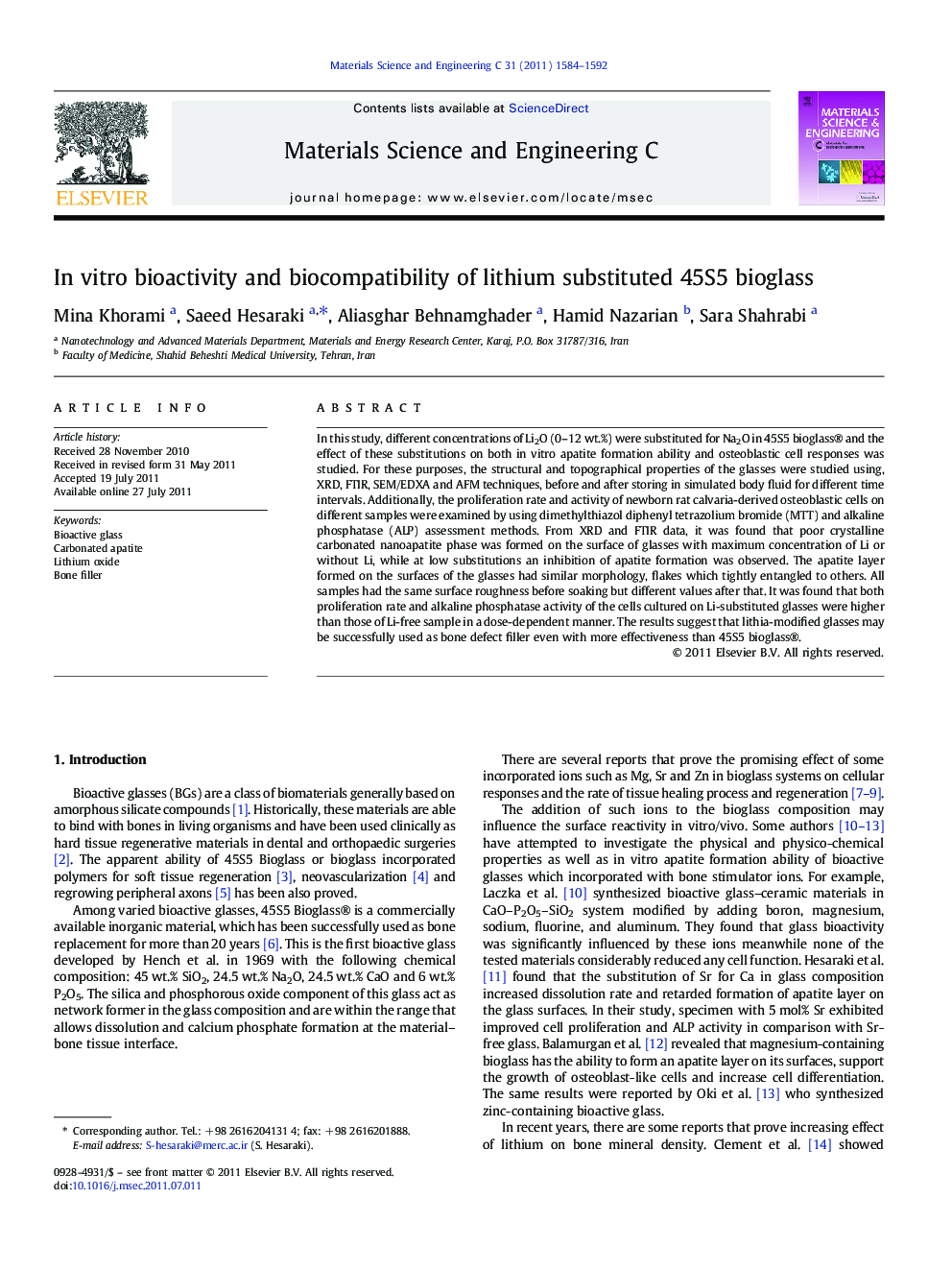 In vitro bioactivity and biocompatibility of lithium substituted 45S5 bioglass