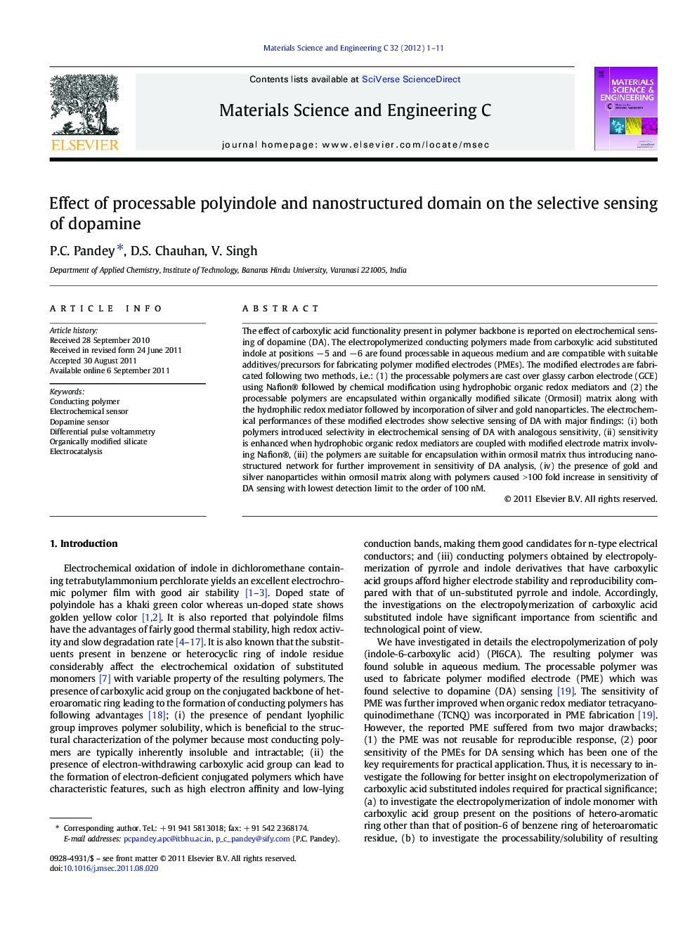 Effect of processable polyindole and nanostructured domain on the selective sensing of dopamine