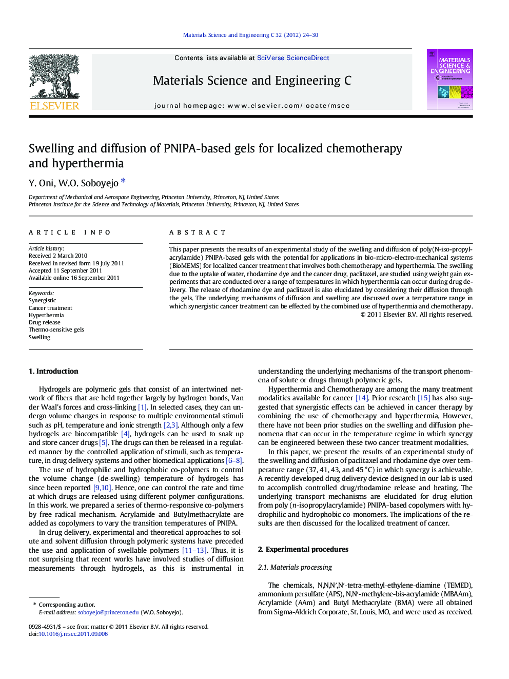 Swelling and diffusion of PNIPA-based gels for localized chemotherapy and hyperthermia