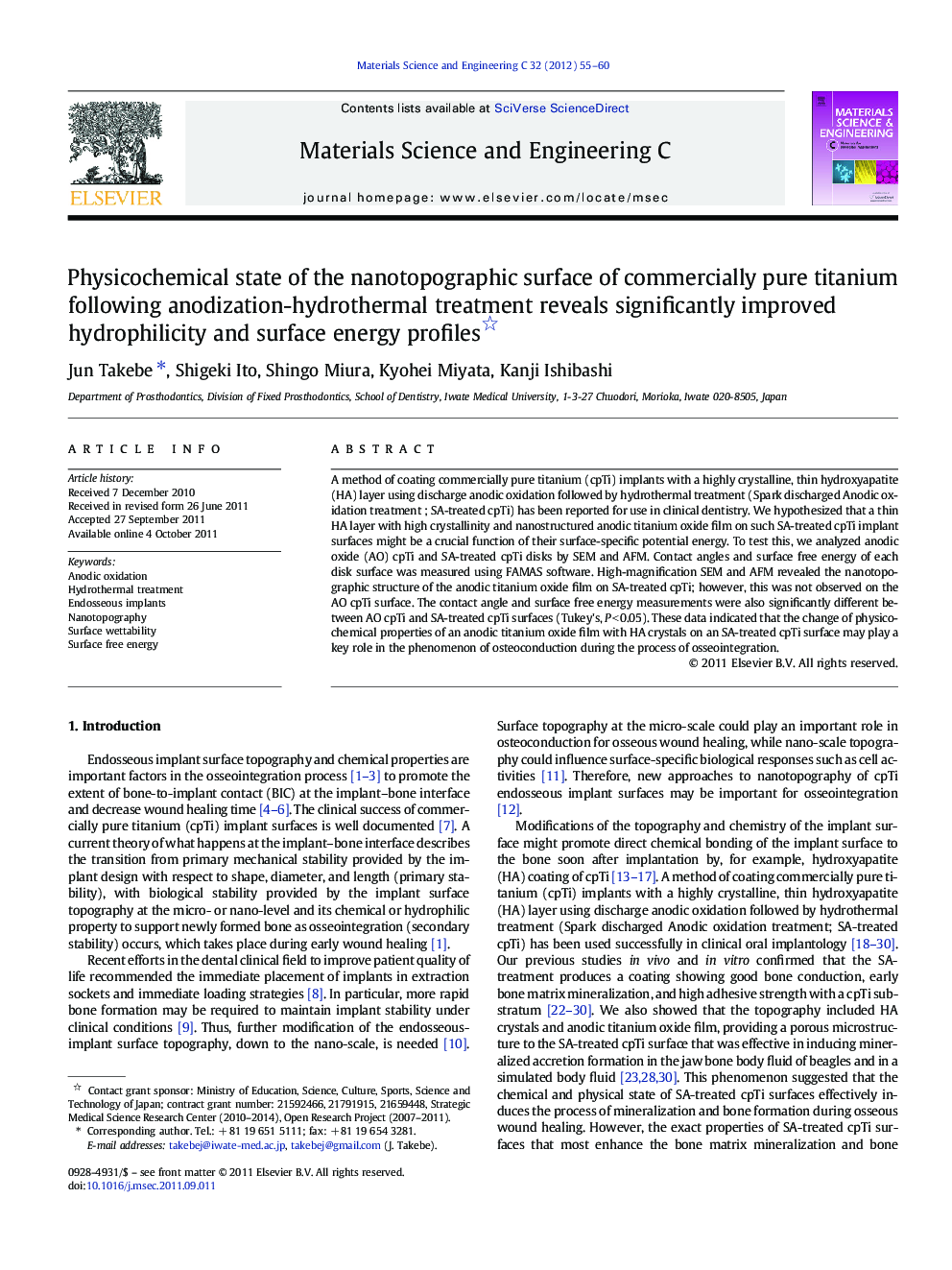 Physicochemical state of the nanotopographic surface of commercially pure titanium following anodization-hydrothermal treatment reveals significantly improved hydrophilicity and surface energy profiles 