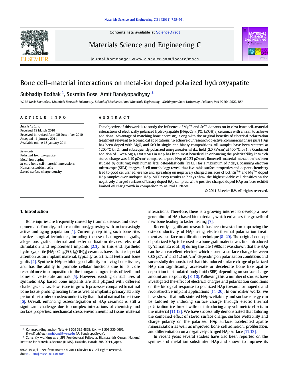 Bone cell–material interactions on metal-ion doped polarized hydroxyapatite