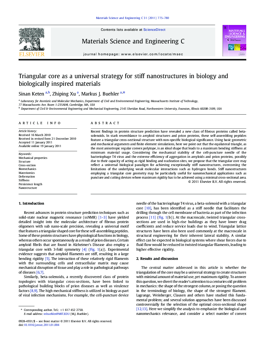 Triangular core as a universal strategy for stiff nanostructures in biology and biologically inspired materials