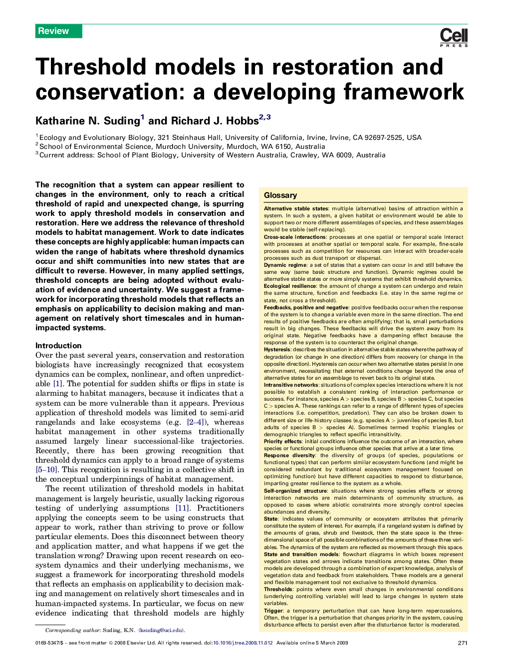 Threshold models in restoration and conservation: a developing framework