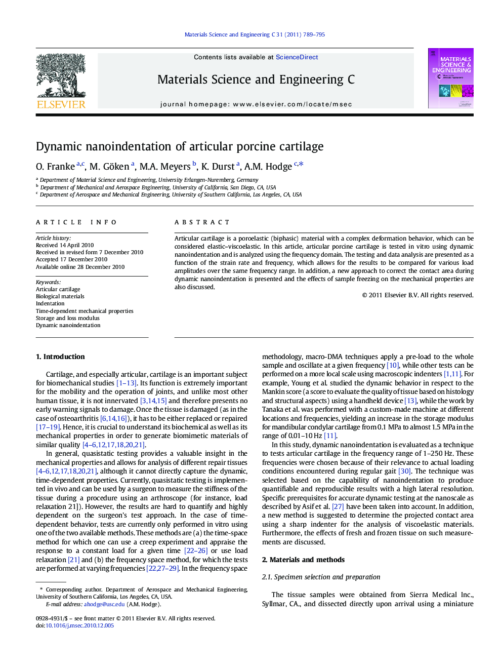 Dynamic nanoindentation of articular porcine cartilage