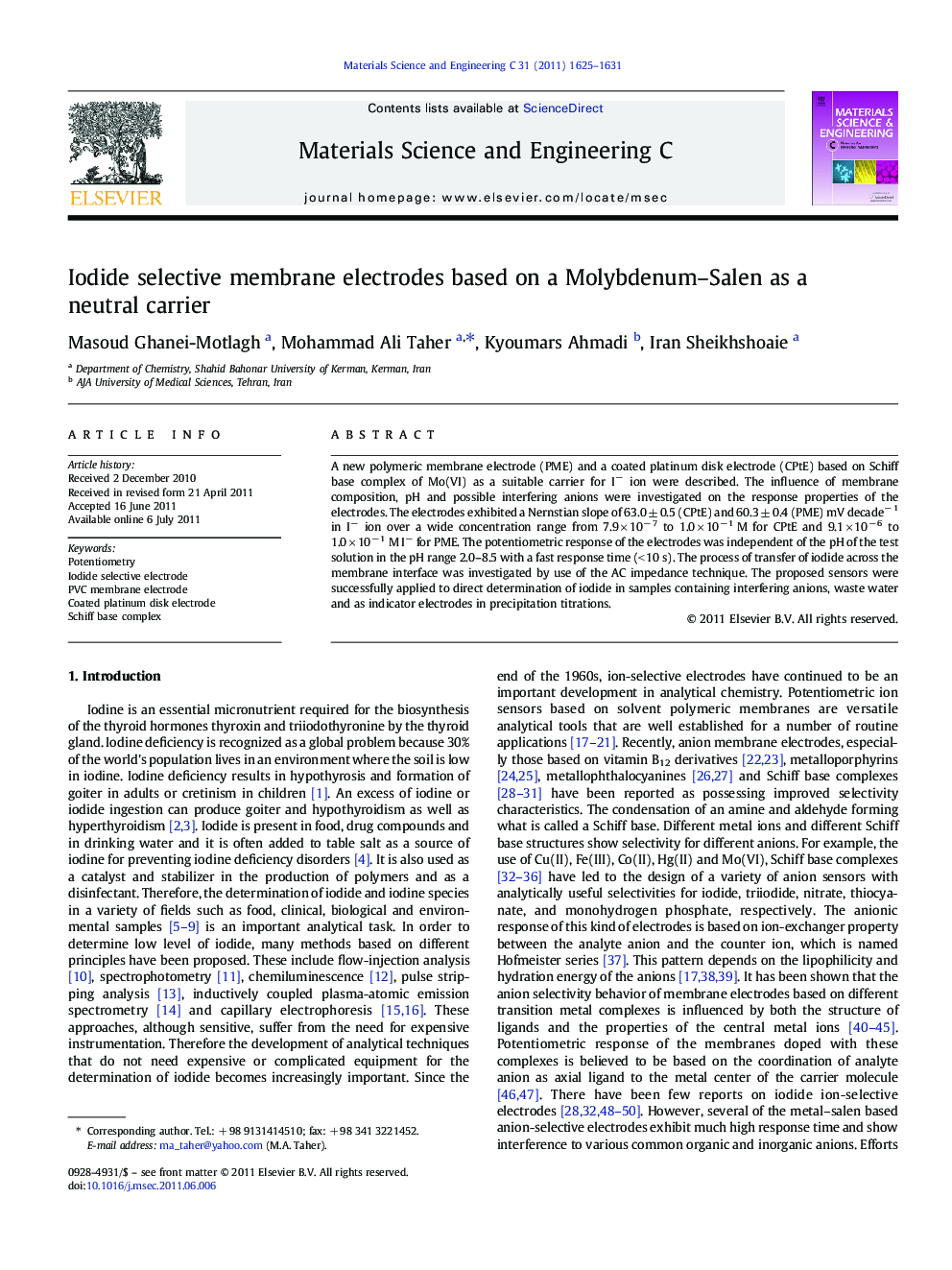 Iodide selective membrane electrodes based on a Molybdenum–Salen as a neutral carrier