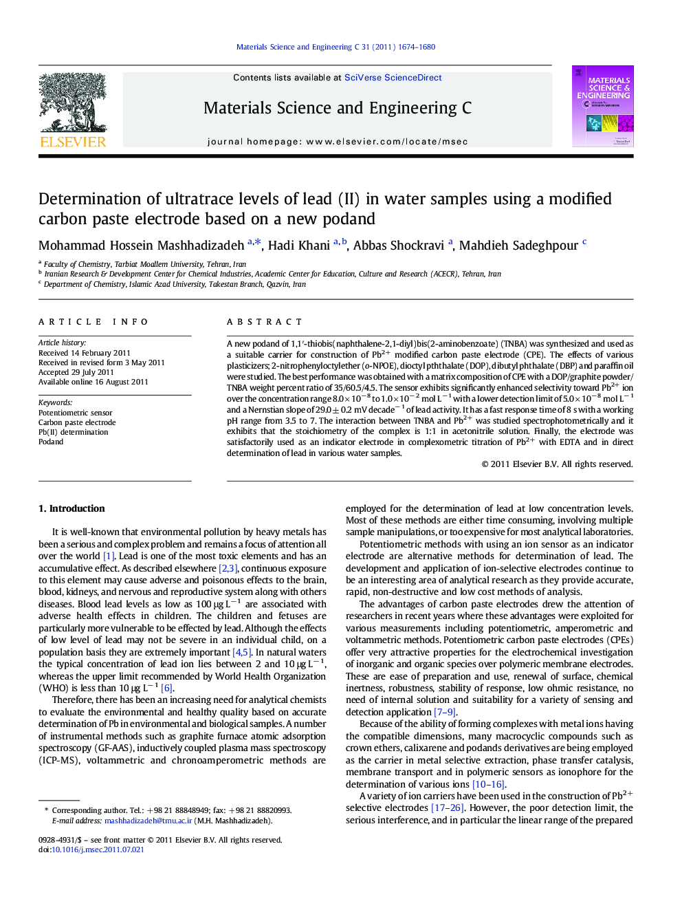 عکس صفحه اول مقاله: Determination of ultratrace levels of lead (II) in water samples using a modified carbon paste electrode based on a new podand Determination of ultratrace levels of lead (II) in water samples using a modified carbon paste electrode based on a new podand