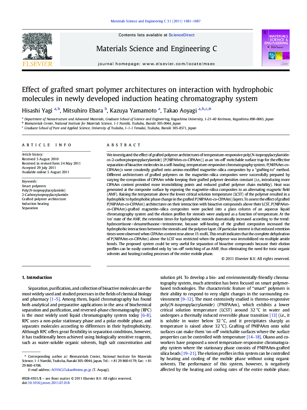 Effect of grafted smart polymer architectures on interaction with hydrophobic molecules in newly developed induction heating chromatography system