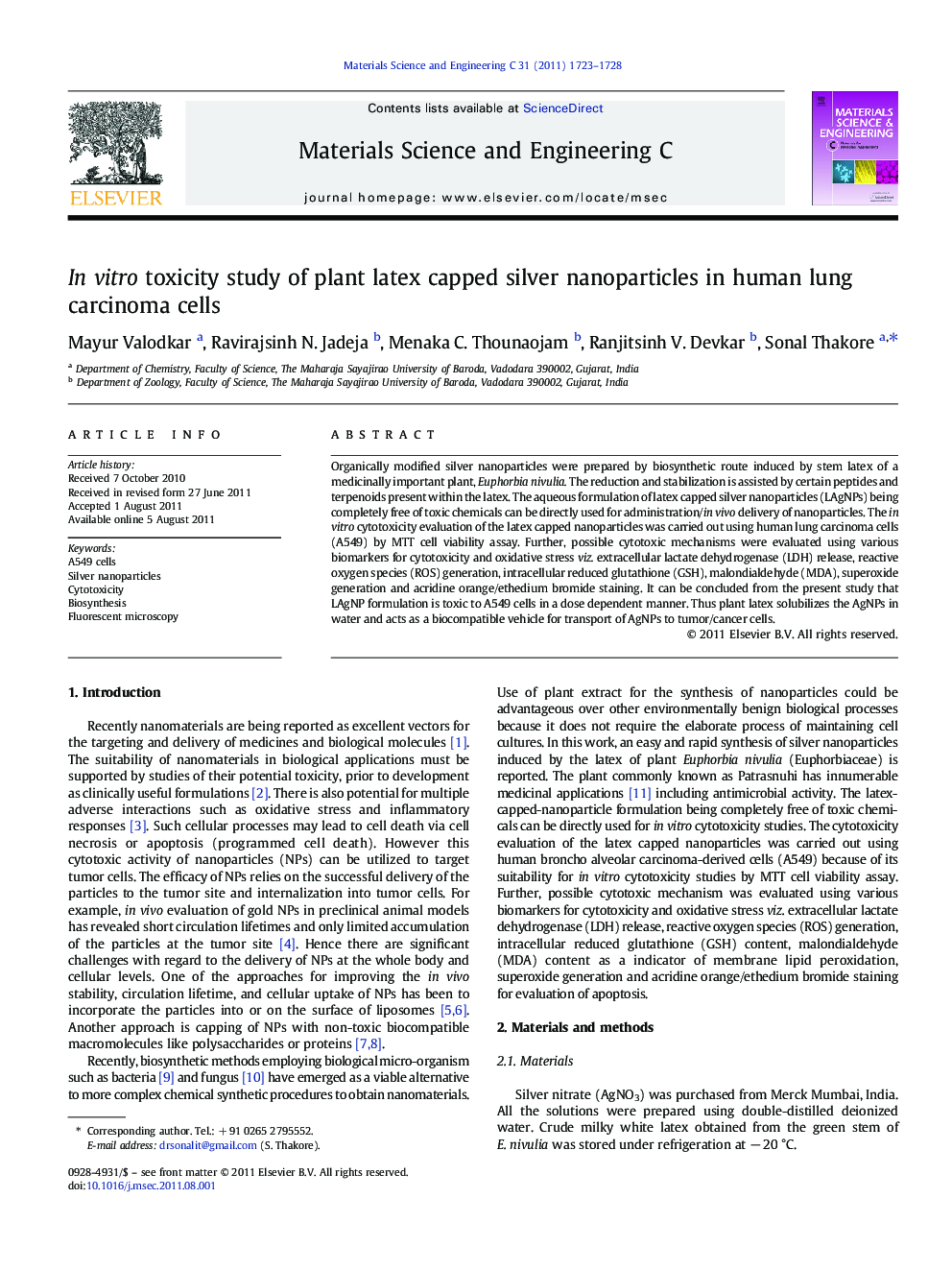عکس صفحه اول مقاله: In vitro toxicity study of plant latex capped silver nanoparticles in human lung carcinoma cells In vitro toxicity study of plant latex capped silver nanoparticles in human lung carcinoma cells